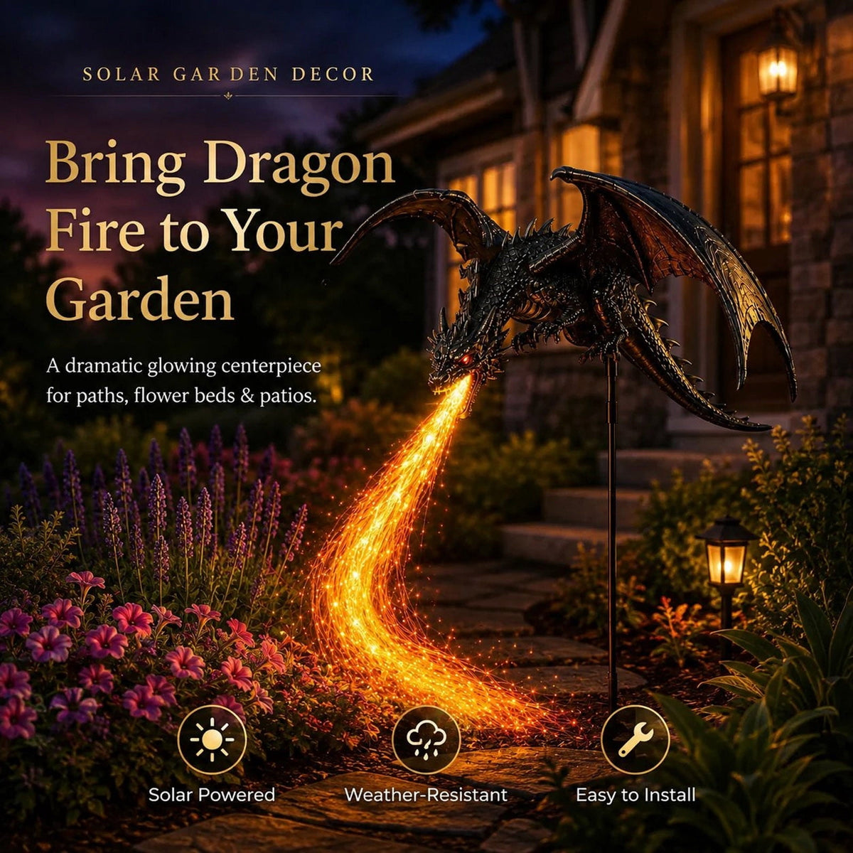 Solar Dragon Breathing Fire Garden Light, IP65 Waterproof Flying Dragon Flame Stake Light for Pathway,Lawn,Patio and Yard Decor
