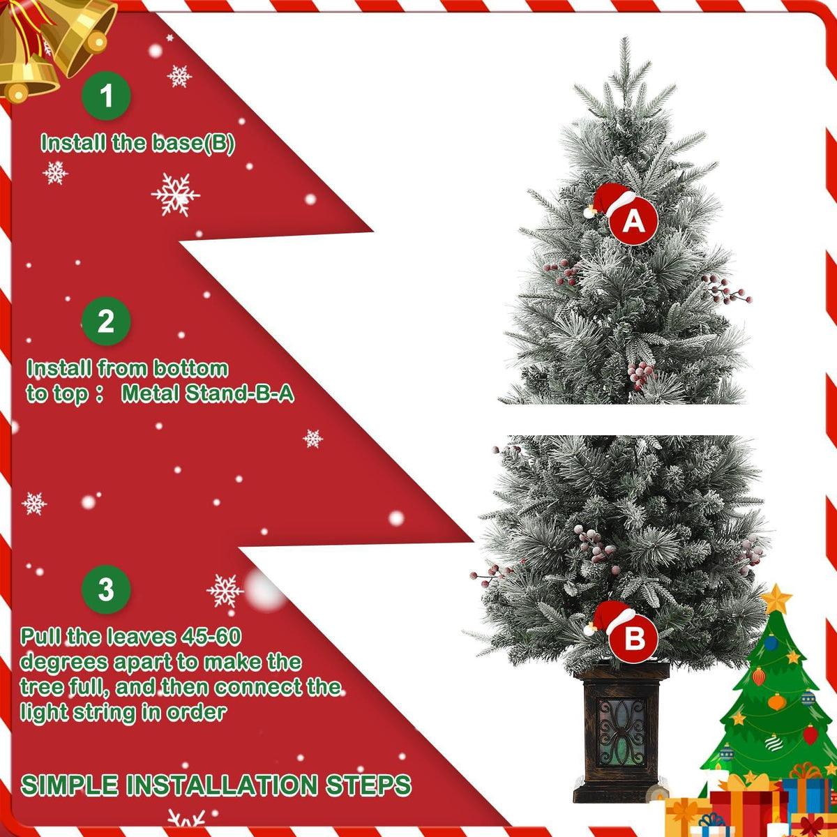 Pre-lit Artificial Christmas Tree 4.5ft Snow Flocked, 386 Tips, 200 Lights, Antique Urn Base, 2 PCS