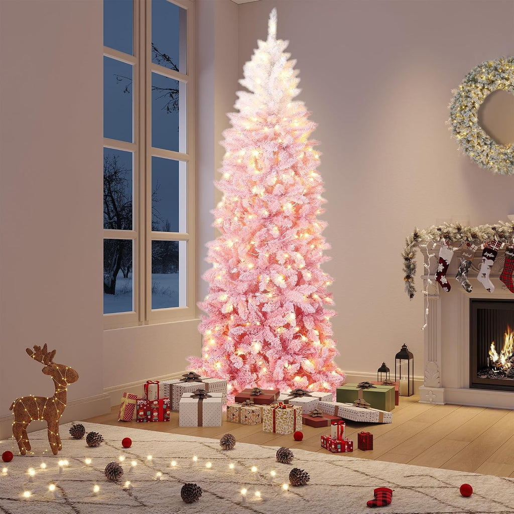 4.5/6/7.5/9 ft Flocked Pencil Christmas Tree with 100 Lights, Pre Lit Tall Skinny Christmas Tree with PVC Branch Tips, Premium Hinged Xmas Tree with Metal Base, Slim Artificial Christmas Tree