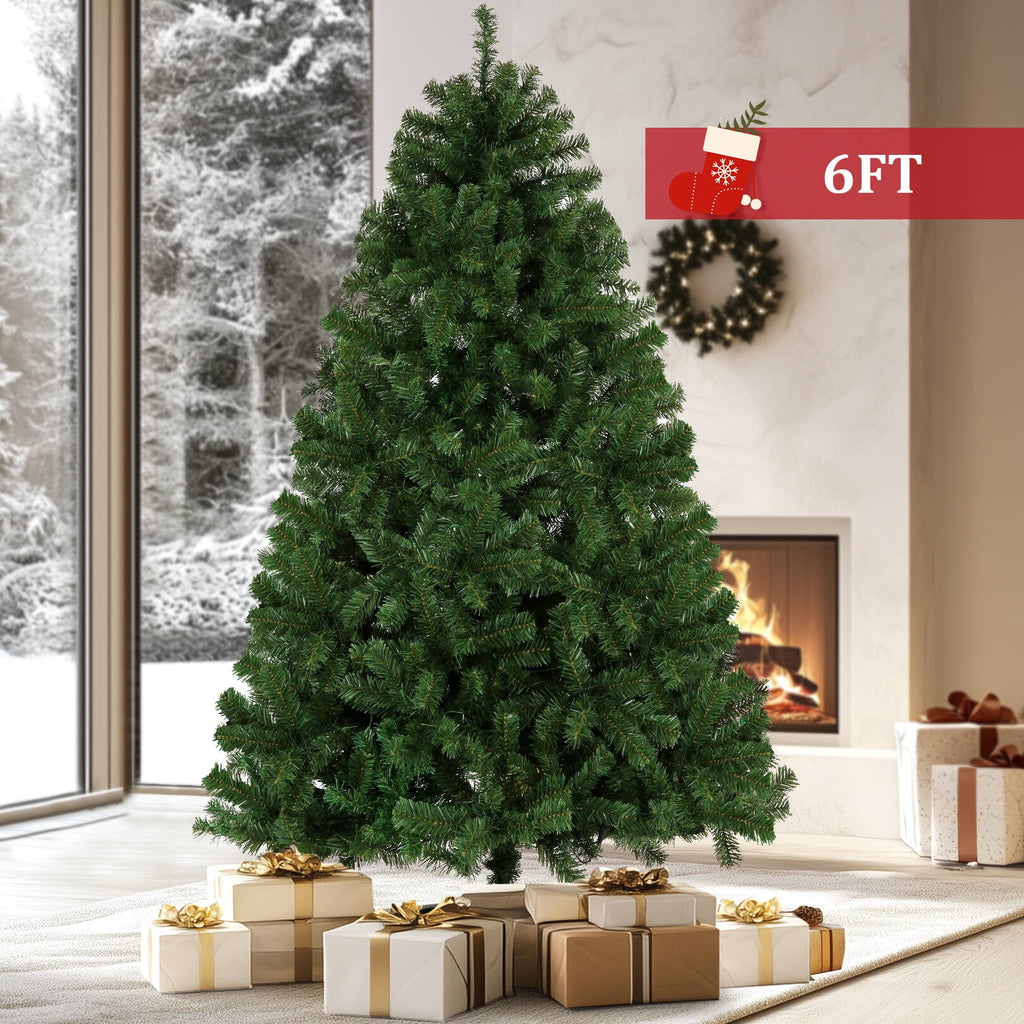 Funcid 6ft Green Artificial Christmas Tree, Hinged Spruce Full Tree with 1477 Branch Tips, Foldable Metal Stand, New PVC Material, Xmas Tree for Indoor and Outdoor Decoration