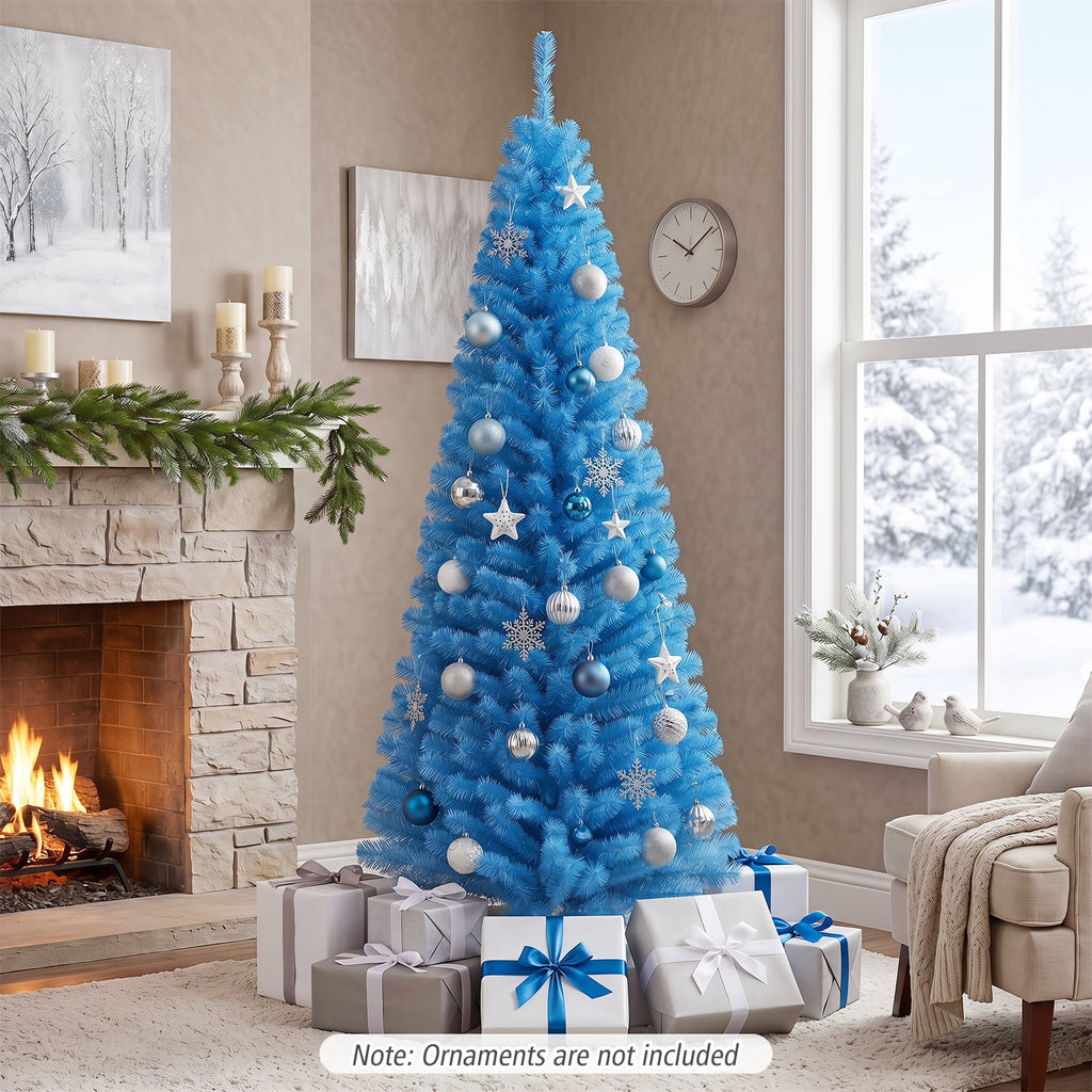 Patiojoy 6FT Blue Tinsel Artificial Pencil Christmas Tree w/ Sturdy Metal Stand Seasonal Holiday Decoration for Home, Party
