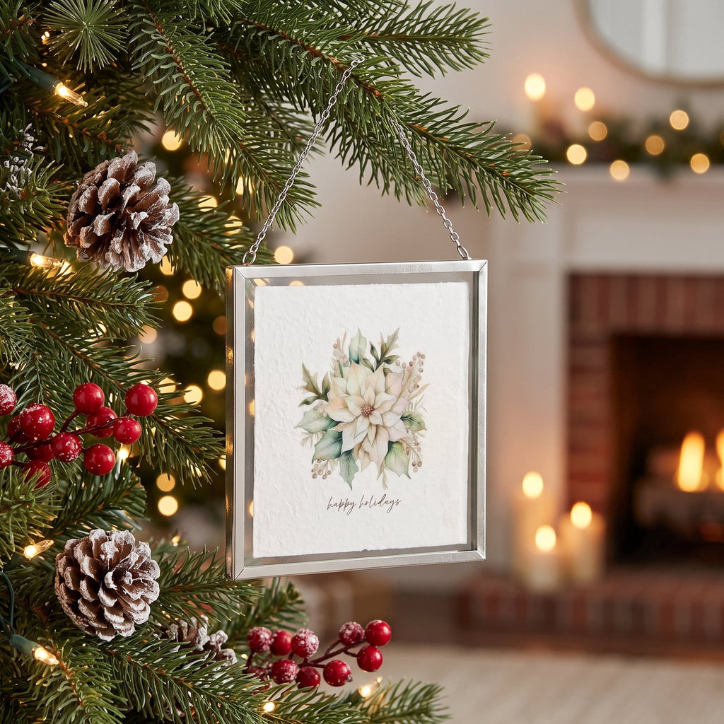 Double-Sided Poinsettia and Deer Framed Christmas Wall Art, White and Green, 8" x 8", by Holiday Time