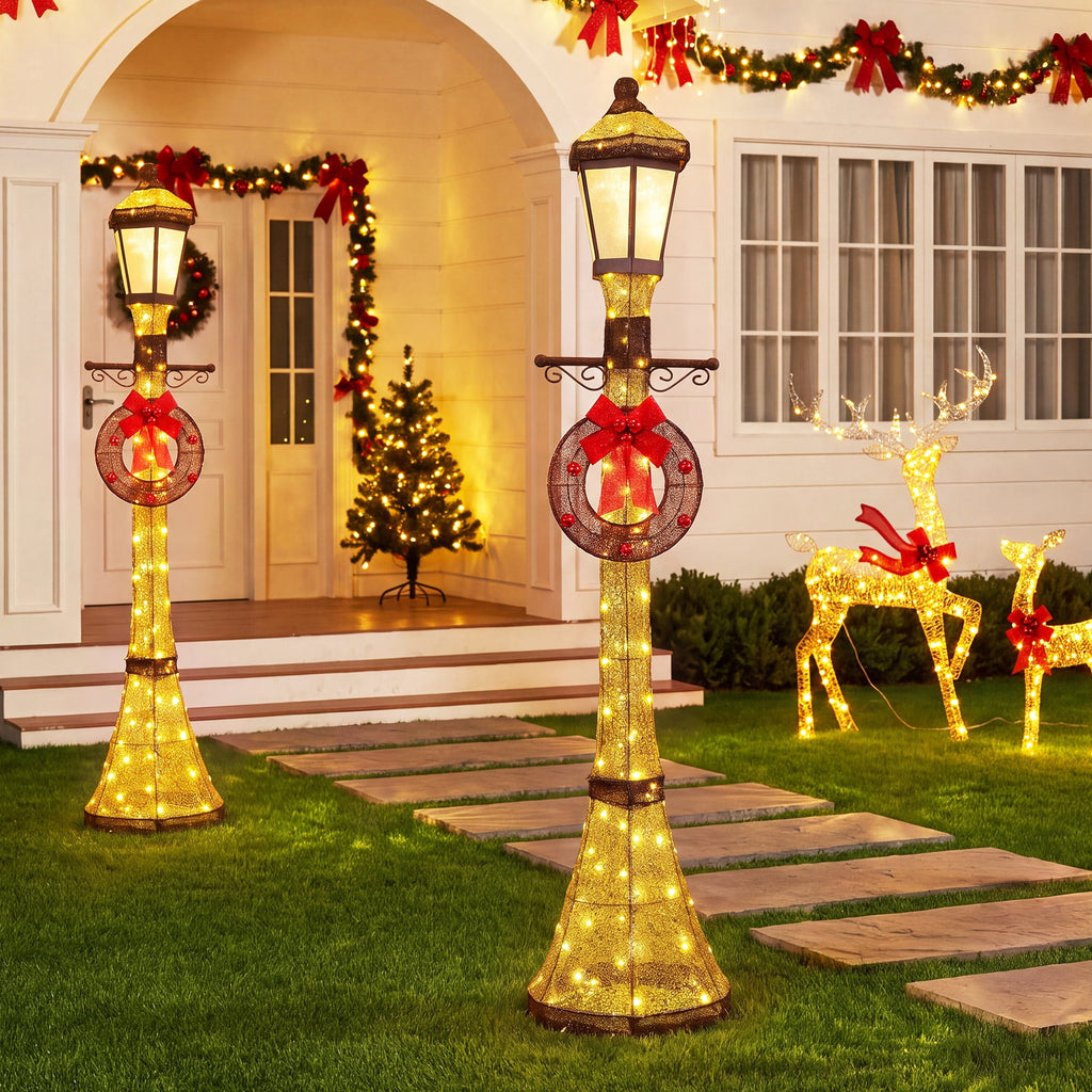 FOOWIN 6FT Christmas Lamppost Set of 2, Outdoor Christmas Lamp Post Decoration with 120 LED Lights, Holiday Porch Lamp Post Decor, Gold