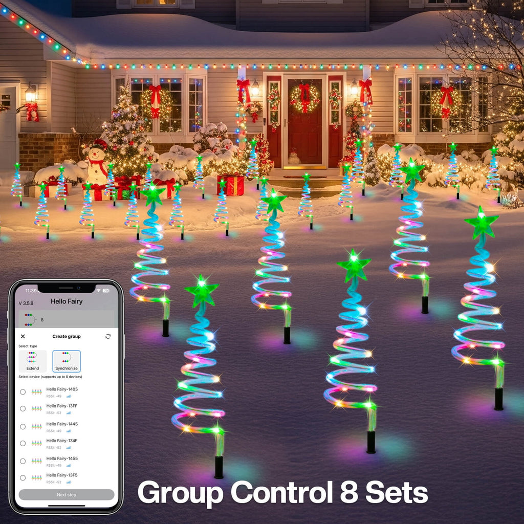 Set of 8 Smart Spiral Christmas Tree Pathway Lights with Programmable Fairy RGB LED Lights App-Controlled