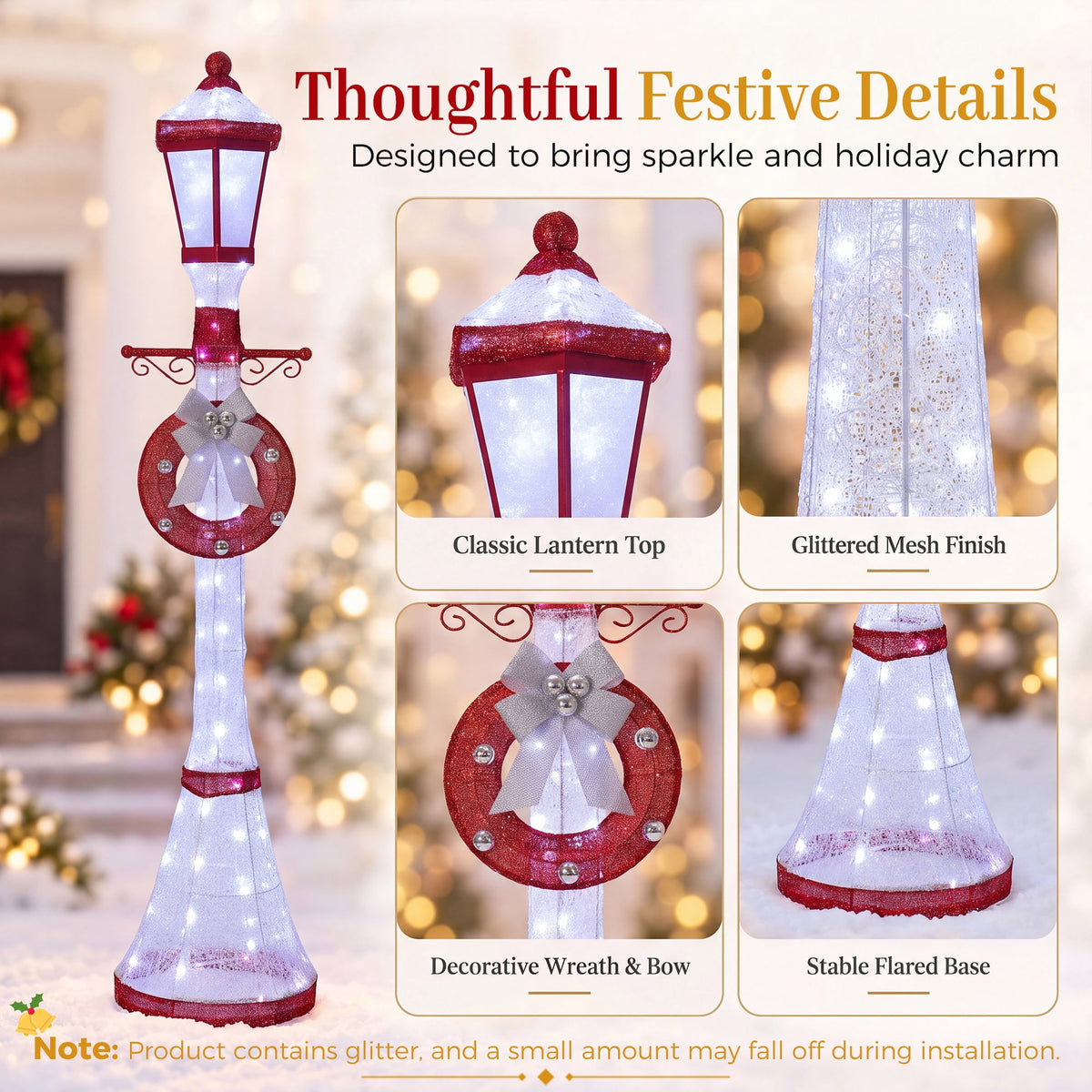 FOOWIN 6FT Christmas Lamppost Set of 2, Outdoor Christmas Lamp Post Decoration with 120 LED Lights, Holiday Porch Lamp Post Decor, Gold