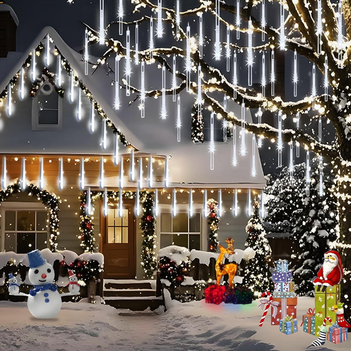 DONGPAI Meteor Shower Lights Outdoor, 11.8 Inch 8 Tube Icicle Lights, Waterproof Meteor Christmas Lights Outdoor, Hanging Falling Rain Lights for Xmas Tree Outside Holiday Decoration
