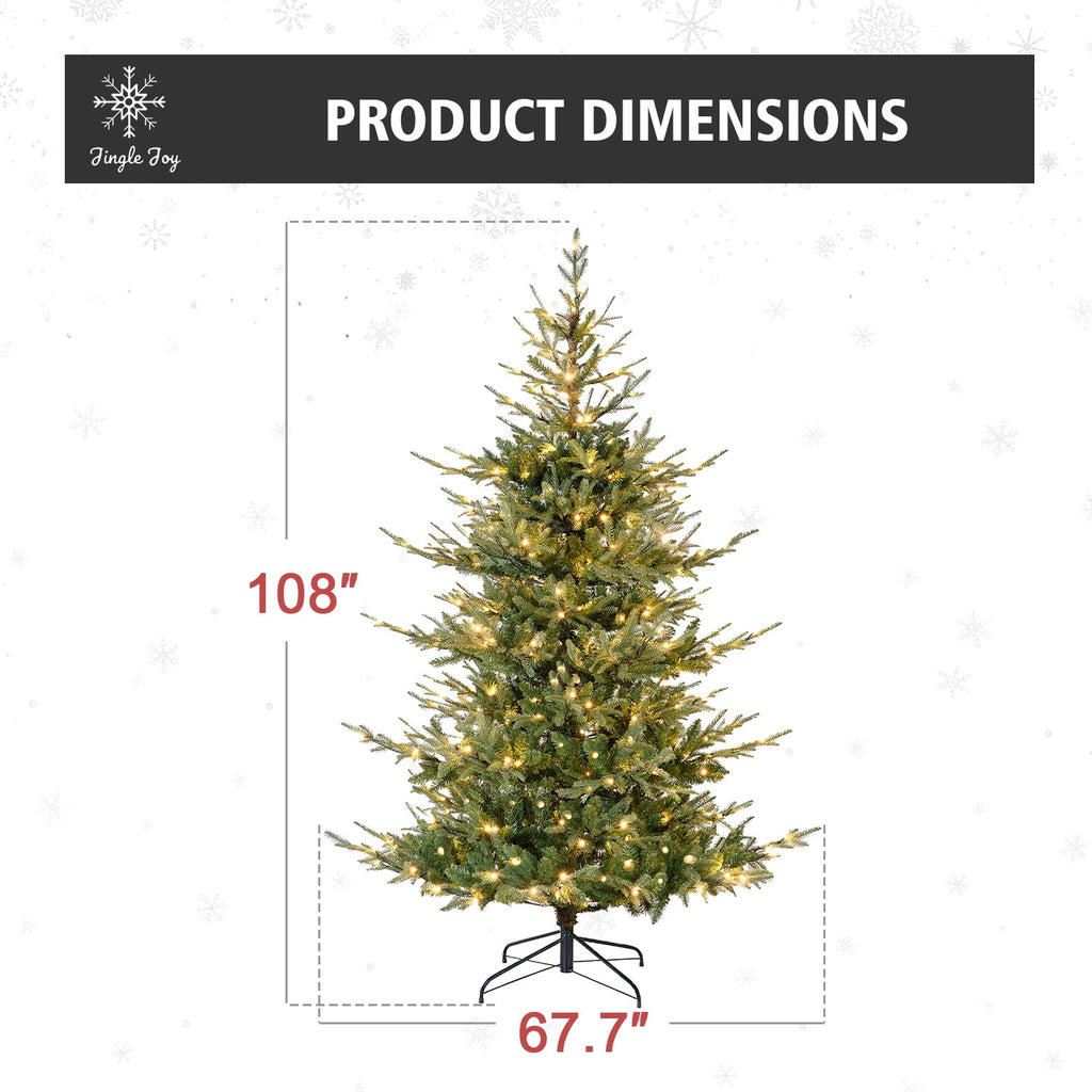 Jingle Joy Blue Ridge Premium Pine Christmas Tree LED Prelit 8 Light Functions, Full Coverage with Dense Branches, Metal Base (9 ft)