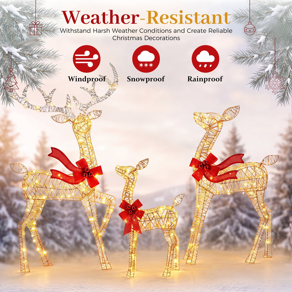 FOOWIN 3-Piece Large Christmas Deer Family, Lighted Outdoor Christmas Decoration, Champagne Gold