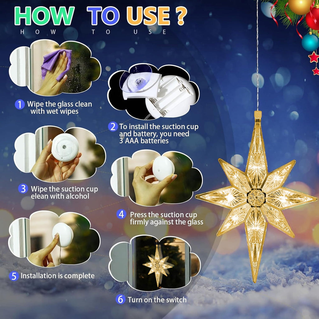 Christmas Window Star Lights Bethlehem Christmas Lights 8x6 inches Plastic Lighted Star Tree Topper Large Hanging Window Lights LED Star Window Silhouette Decoration for Holiday
