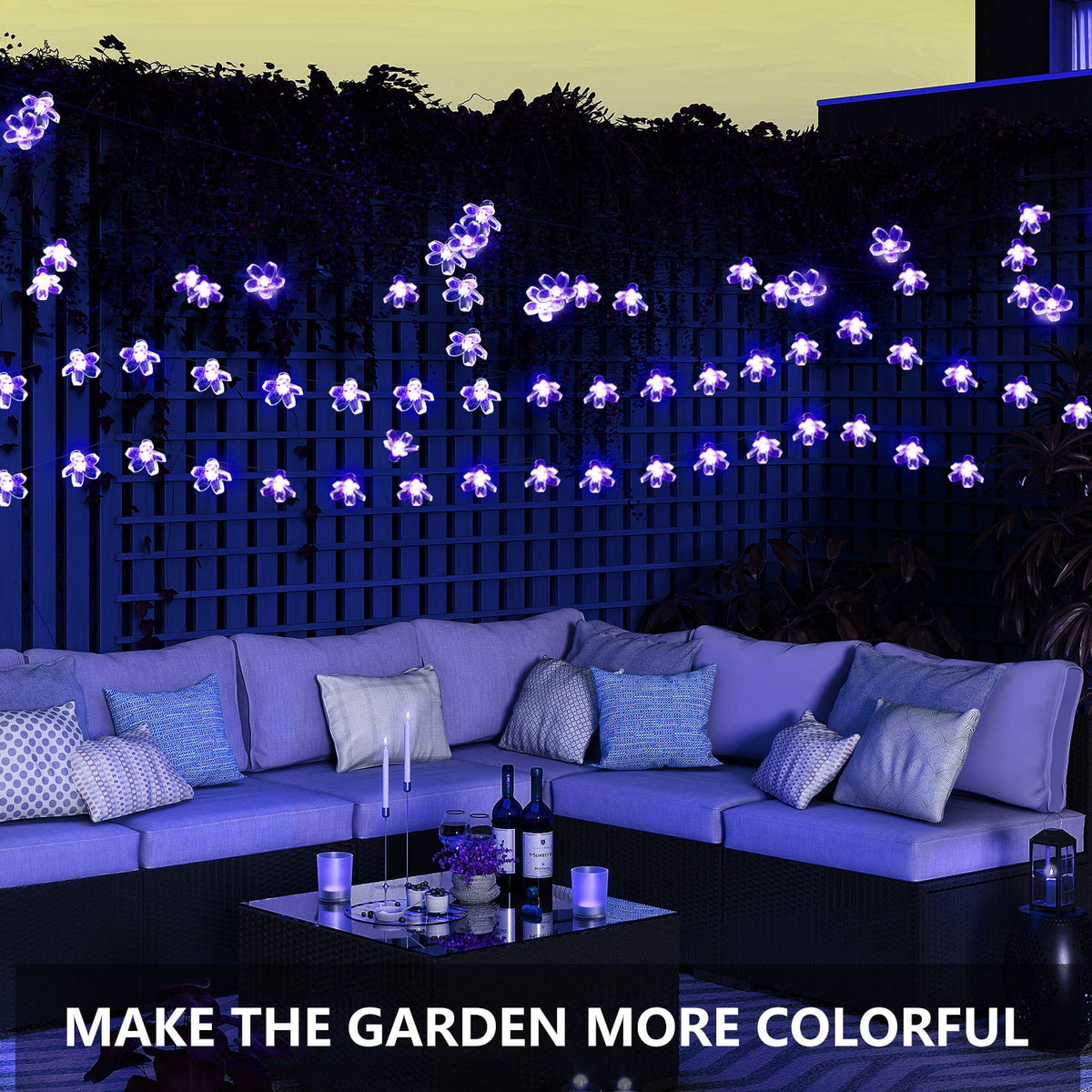 Rirool Cherry Blossom Solar String Lights Outdoor, 23FT 50 LED Flower Fairy Lights with 2 Lighting Modes, IP65 Waterproof Auto On/Off for Garden Patio Wedding Christmas Decor, Multicolor