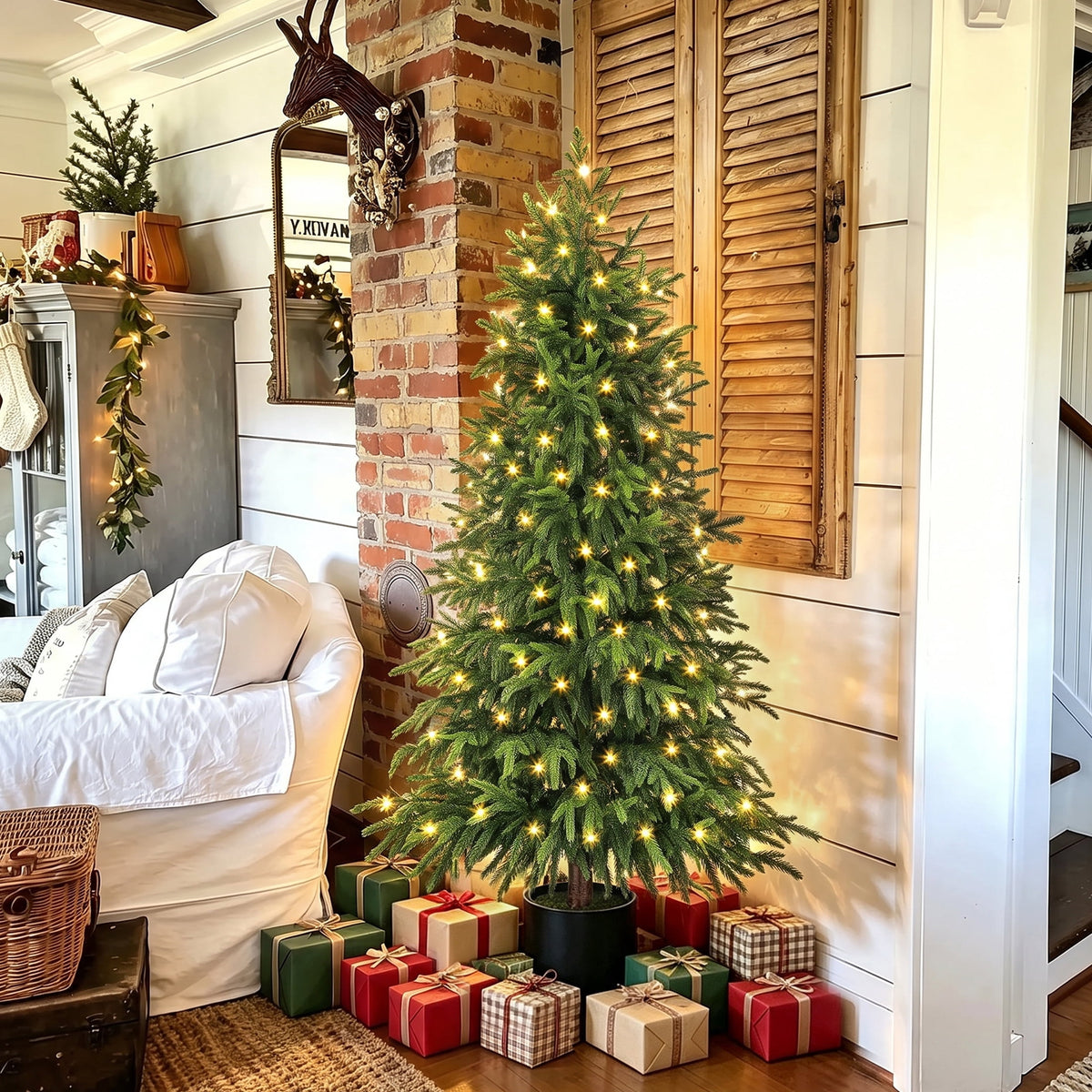Scidweet 2 Pack Artificial Norfolk Pine Christmas Tree, 4FT Fake Potted Tree Faux Plant with 100 LED for Front Door Indoor Outdoor Porch Room Office Holiday Home Xmas Decor