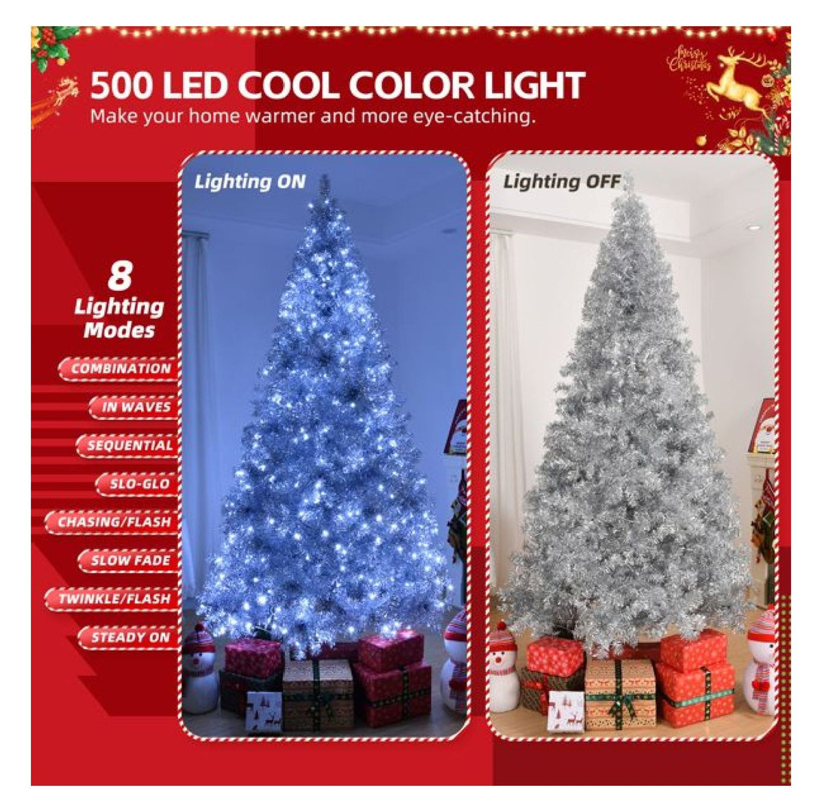 8ft Pre-Lit Silver Christmas Tree, 1350 Tips, 500 Lights, Hinged Xmas Pine Tree with Remote, Indoor Holiday Decorations