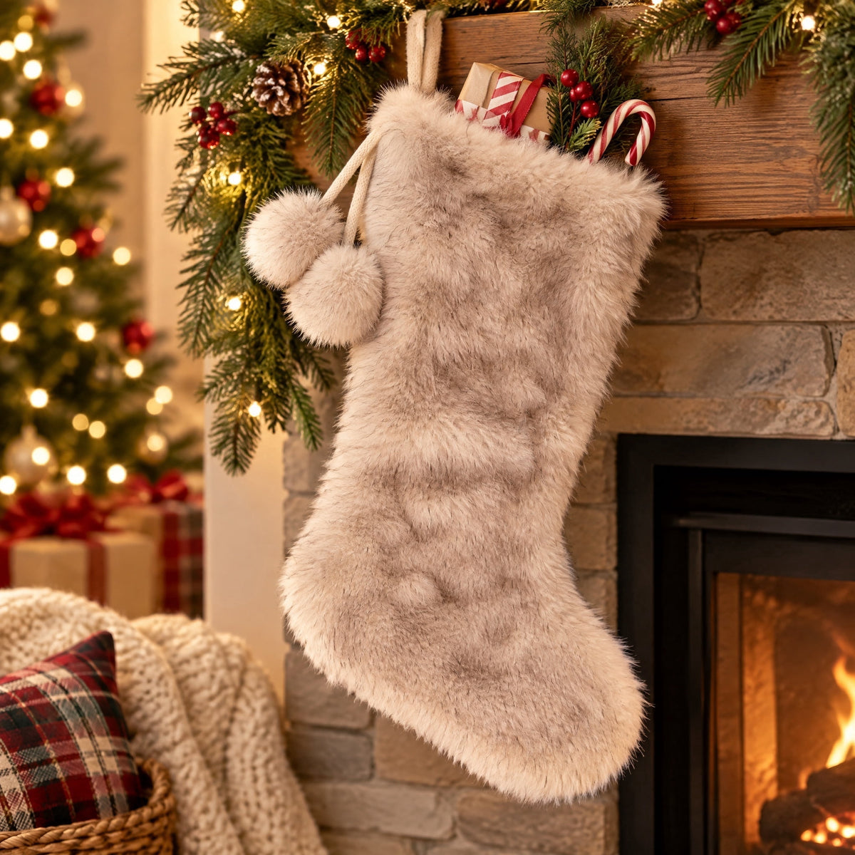 Faux Fur Christmas Stocking, Gray, 18", by Holiday Time