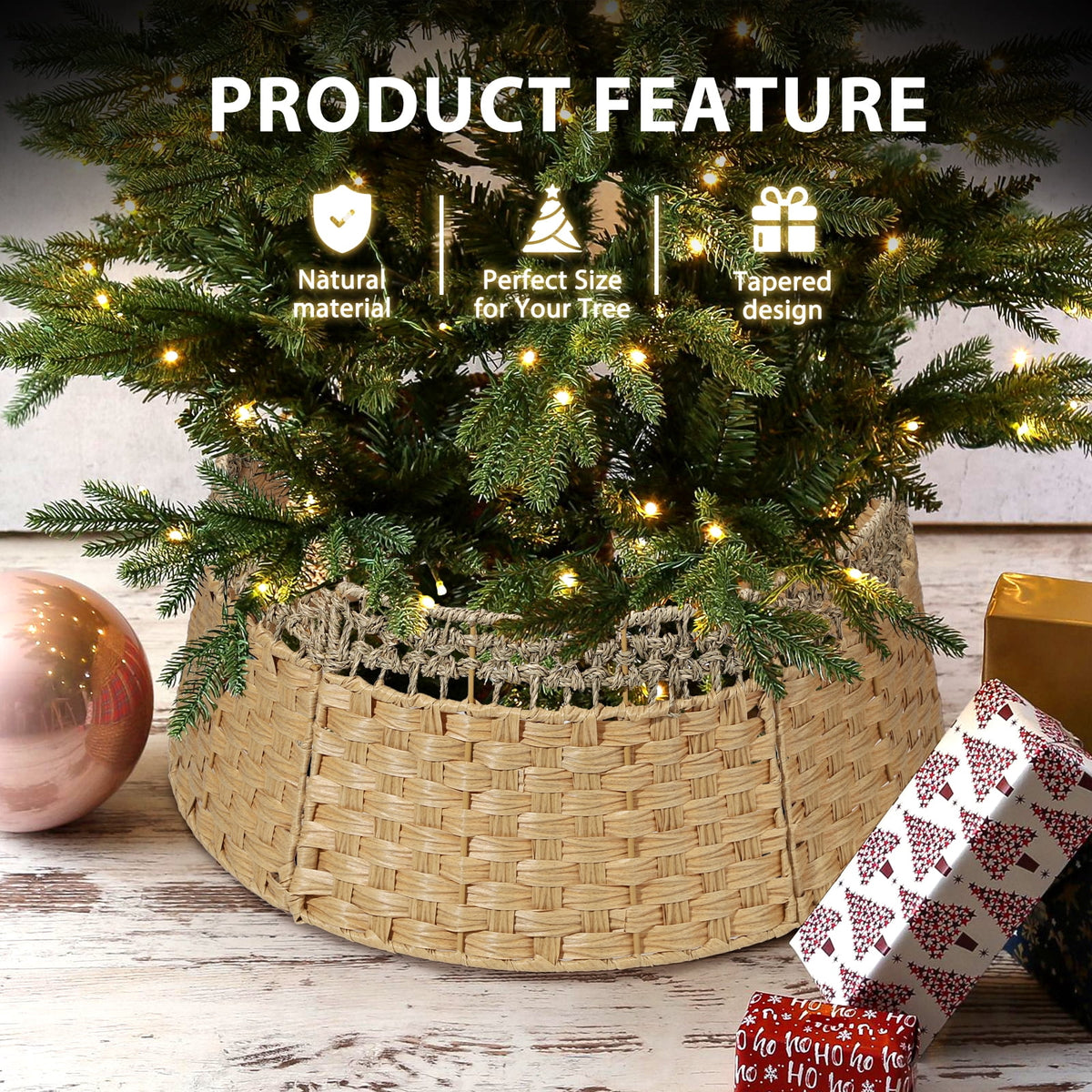 Ayieyill 26in Christmas Tree Collar, Handmade Woven Tree Collar, Christmas Tree Skirt for Artificial Trees | Wooden | Brown