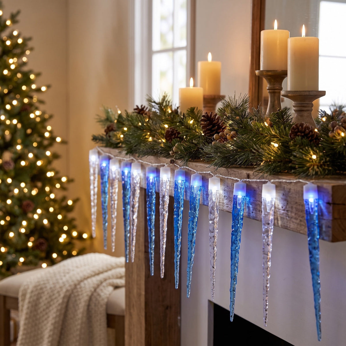Indoor/Outdoor 8-Count LED 8-Function Crystal Christmas Icicle Lights, Cool White, White Wire, 9', by Holiday Time