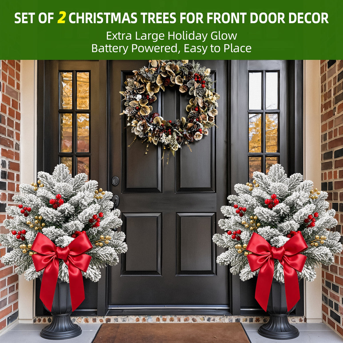 2PK Prelit Outdoor Christmas Trees Christmas Urn Pot Filler Snow Flocked Lighted Christmas Trees with 100 LED Warm White/Colorful Lights Timer 8 Modes for Front Door Porch Christmas Decoration