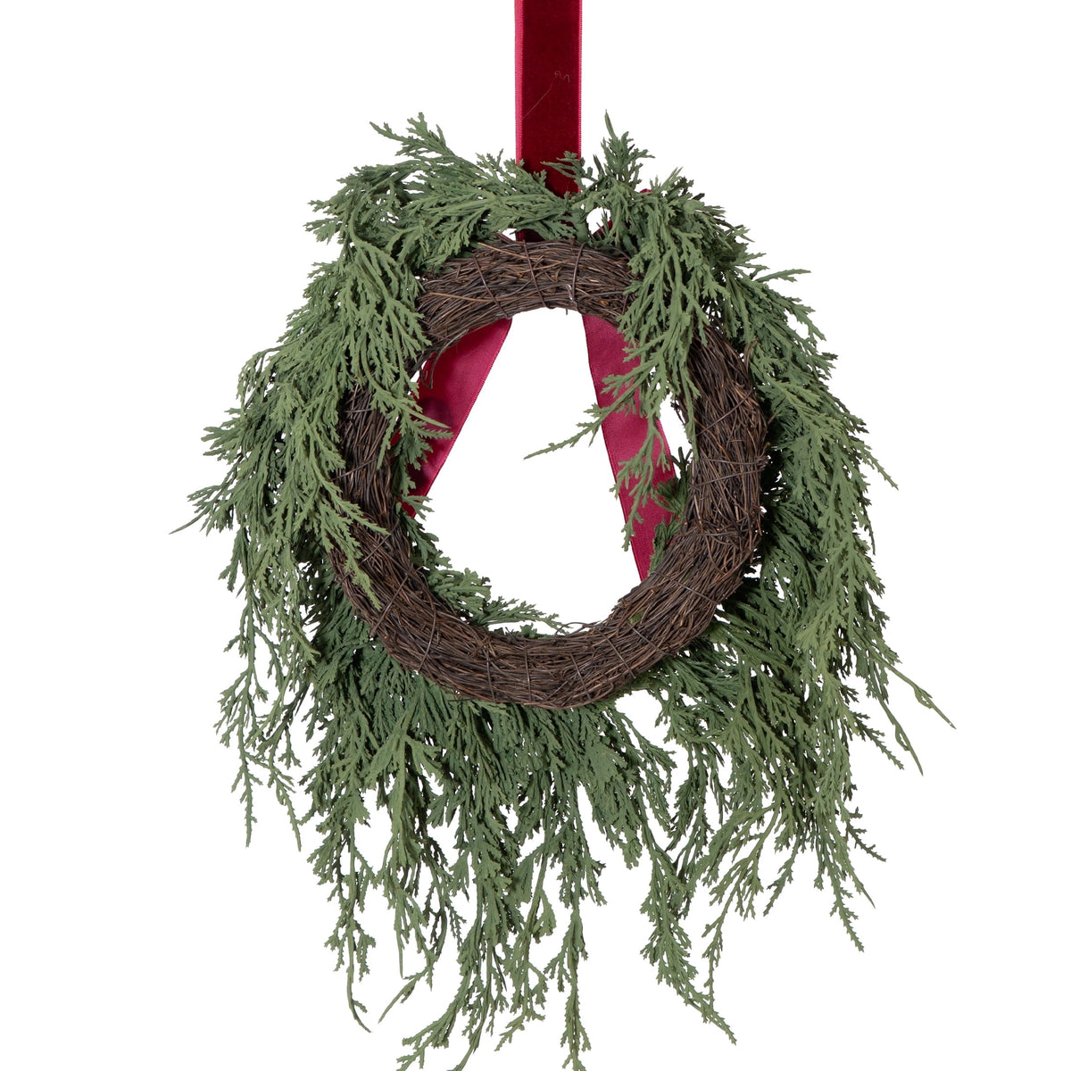 My Texas House Evergreen Artificial Christmas Wreath with Velvet Ribbon, Green and Red, 12"