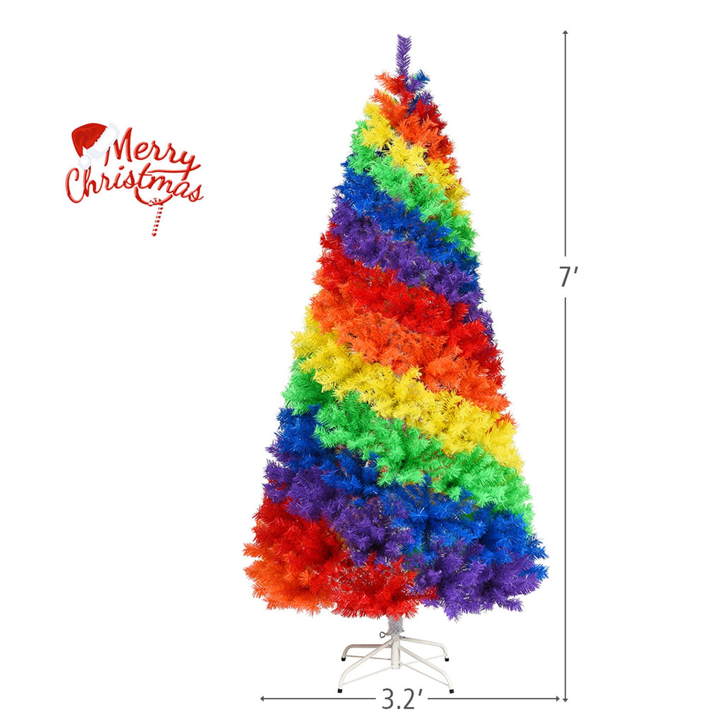 Gymax 7 ft Colorful Rainbow Hinged Christmas Tree Holiday Decor w/ Metal Stand