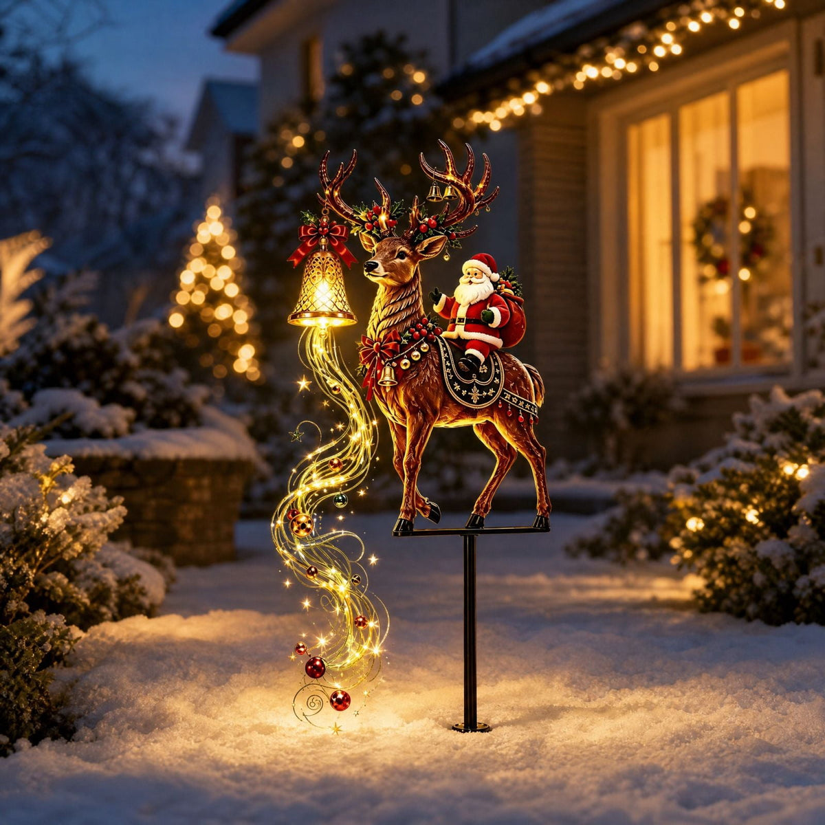 Christmas Reindeer Lighted Yard Stake, Bell and Snowflake Outdoor Decor for Lawn Garden Pathway Porch Holiday Display, 31.9 in