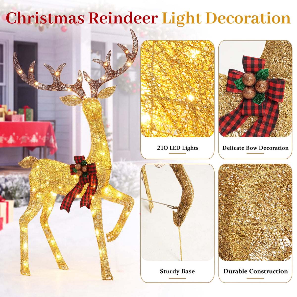 FOOWIN 3-Piece Large Christmas Deer Family, Lighted Outdoor Christmas Decoration, Champagne Gold