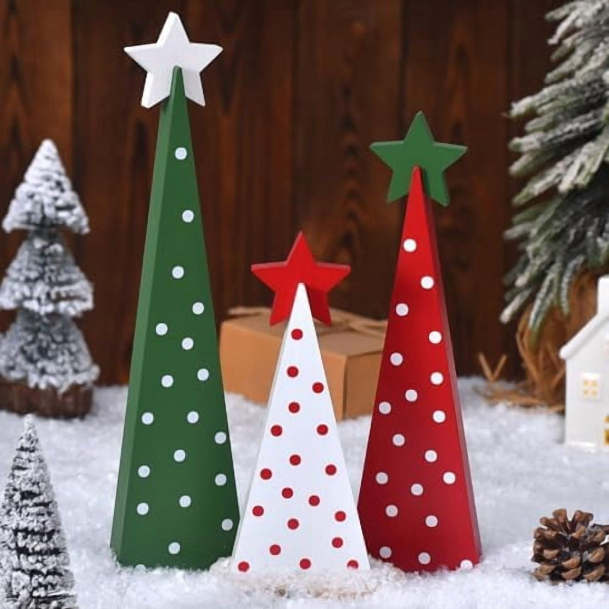 3 Piece Wooden Christmas Tree Tabletop Decor Rustic Double Sided Tiered Tray Signs for Home Office Farmhouse