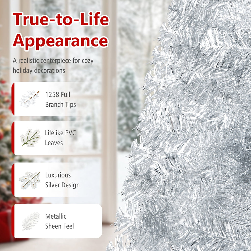Costway 7.5 FT Artificial Christmas Tree Hinged Unlit Xmas Tree Silver