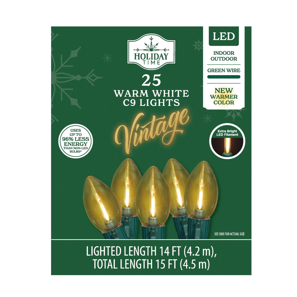 Indoor/Outdoor 25-Count LED Extra Bright Vintage-Style C9 Christmas String Lights, Warm White, Green Wire, 14', by Holiday Time