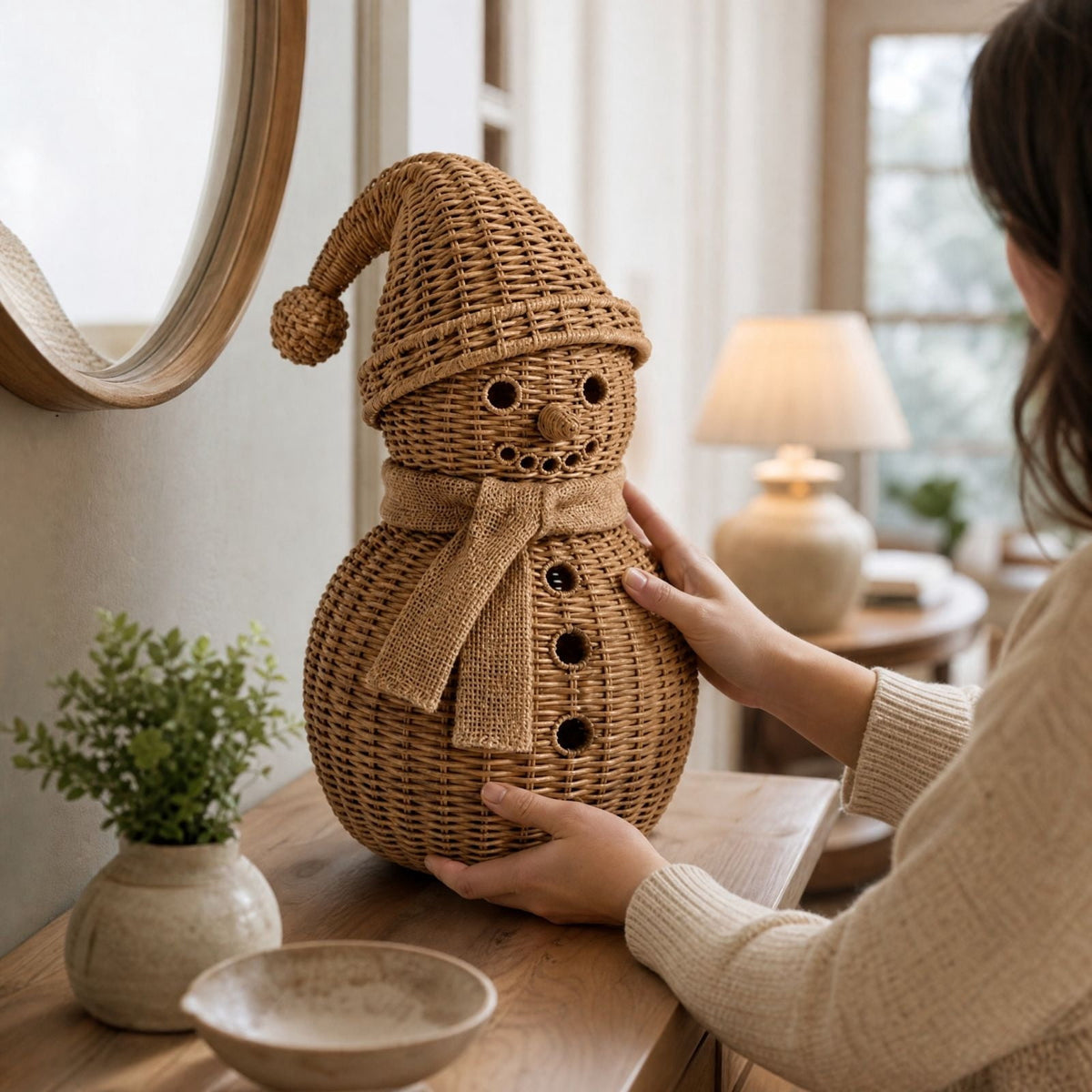 FeiBiQiuBi 14.9" Resin Rattan Style Snowman, Rustic Snowman Decorations with Bow, Woven Natural Style Freestanding Design Winter Farmhouse Decor for Home Kitchen Garden, Holiday Table Mantel Decor