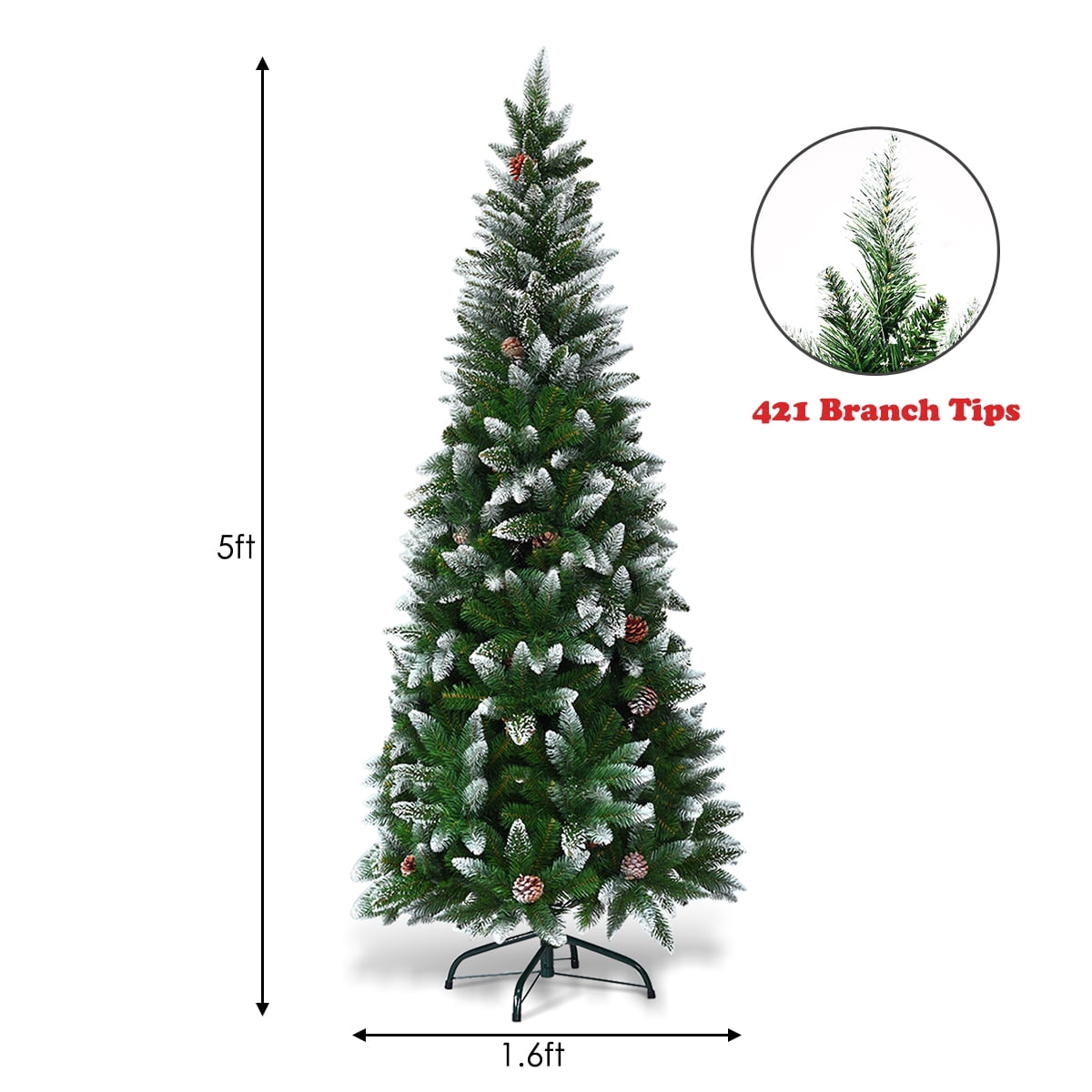 Gymax 5ft Snow Flocked Pencil Christmas Tree Classic Realistic PVC Needles W/Pine Cones