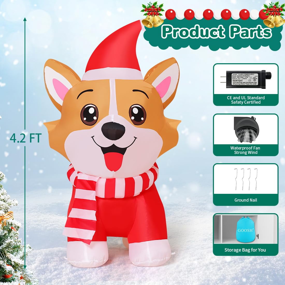 GOOSH Christmas Inflatables 4.2 FT Inflatable Dog Wearing Hat with Built-in LED Lights, Cute Inflatable Christmas Dog Blow up Corgi Dog, Outdoor Christmas Decorations for Xmas Holiday Party