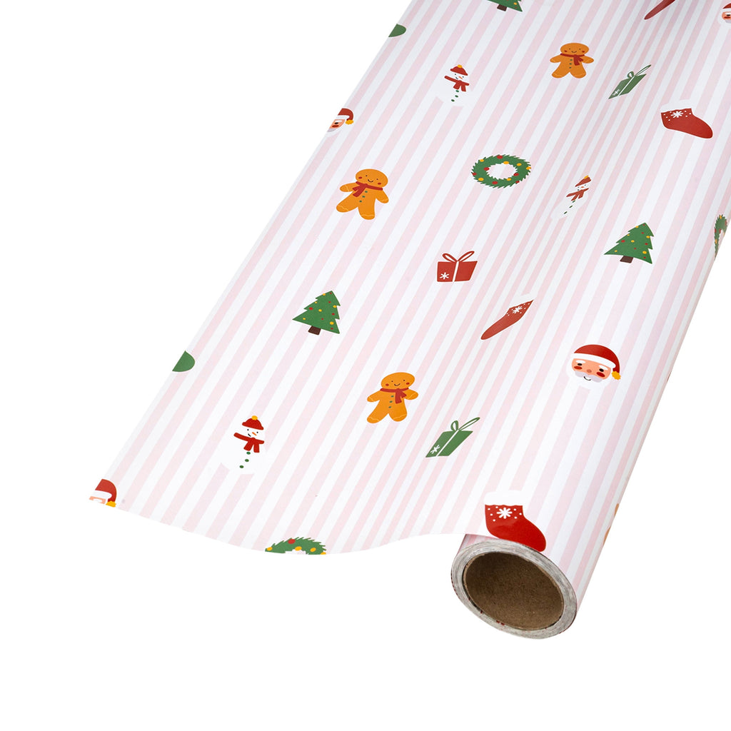 LaRibbons 30" x 33' Christmas Wrapping Paper Jumbo Roll, Christmas Cuties on Stripes and Merry Checks