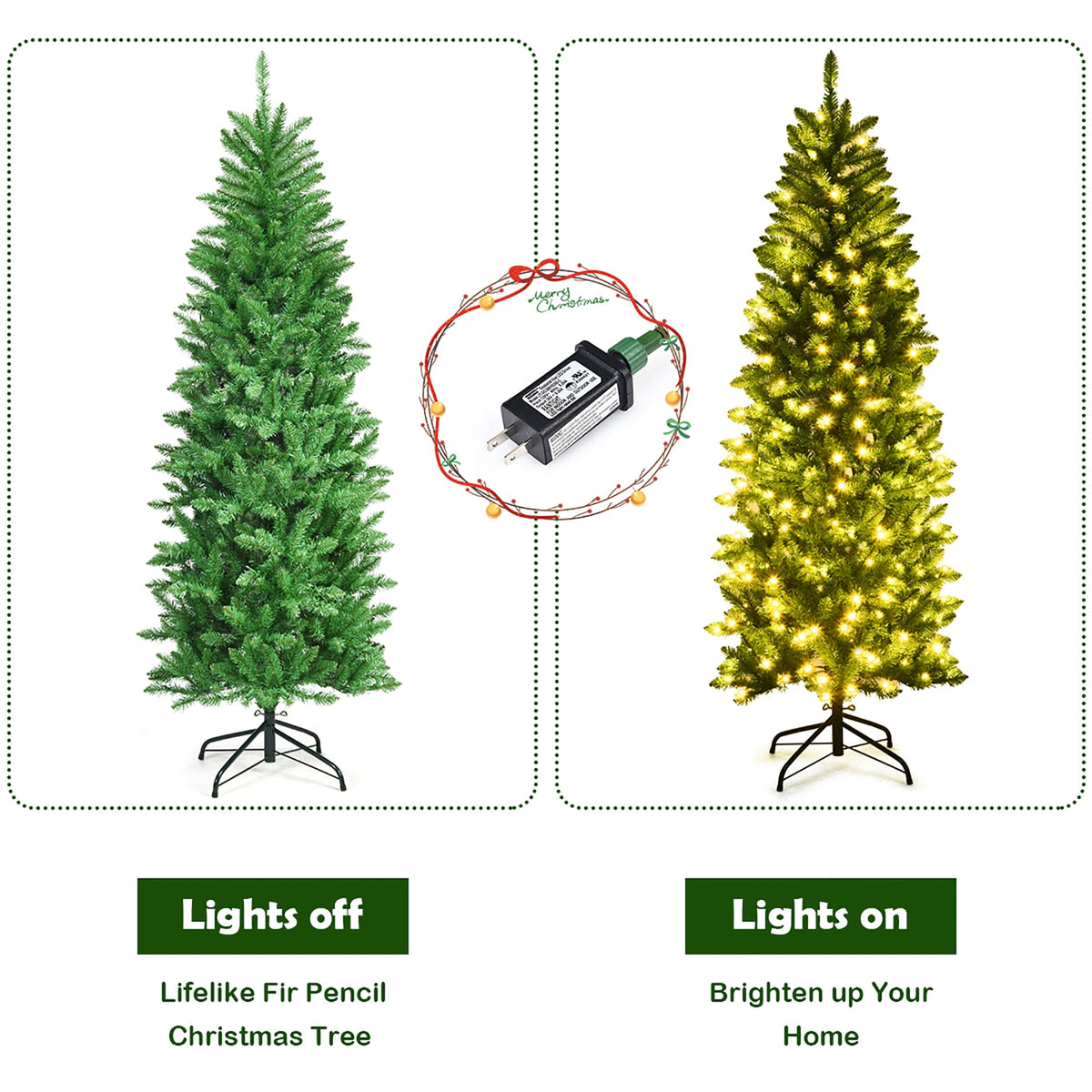 Costway 6Ft Pre-lit Artificial Pencil Christmas Tree Hinged Fir PVC Tree with 250 LED Lights