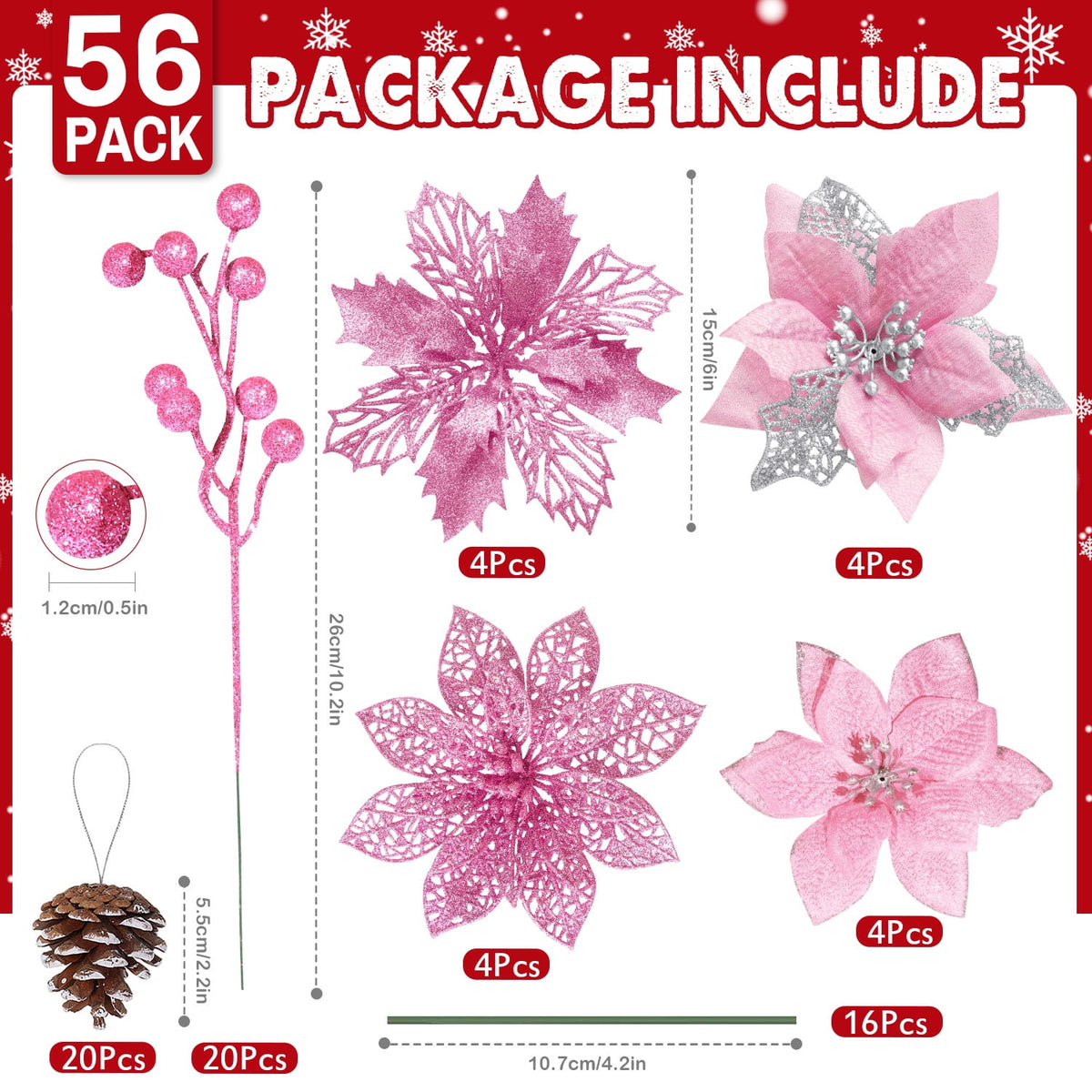 Ayieyill 56Pcs Poinsettia Christmas Flowers Decorations Christmas flower ornaments Artificial Glitter Berry Stems Christmas Pine Cones Christmas Tree Ornaments Set Christmas Tree Decorations (Blue)