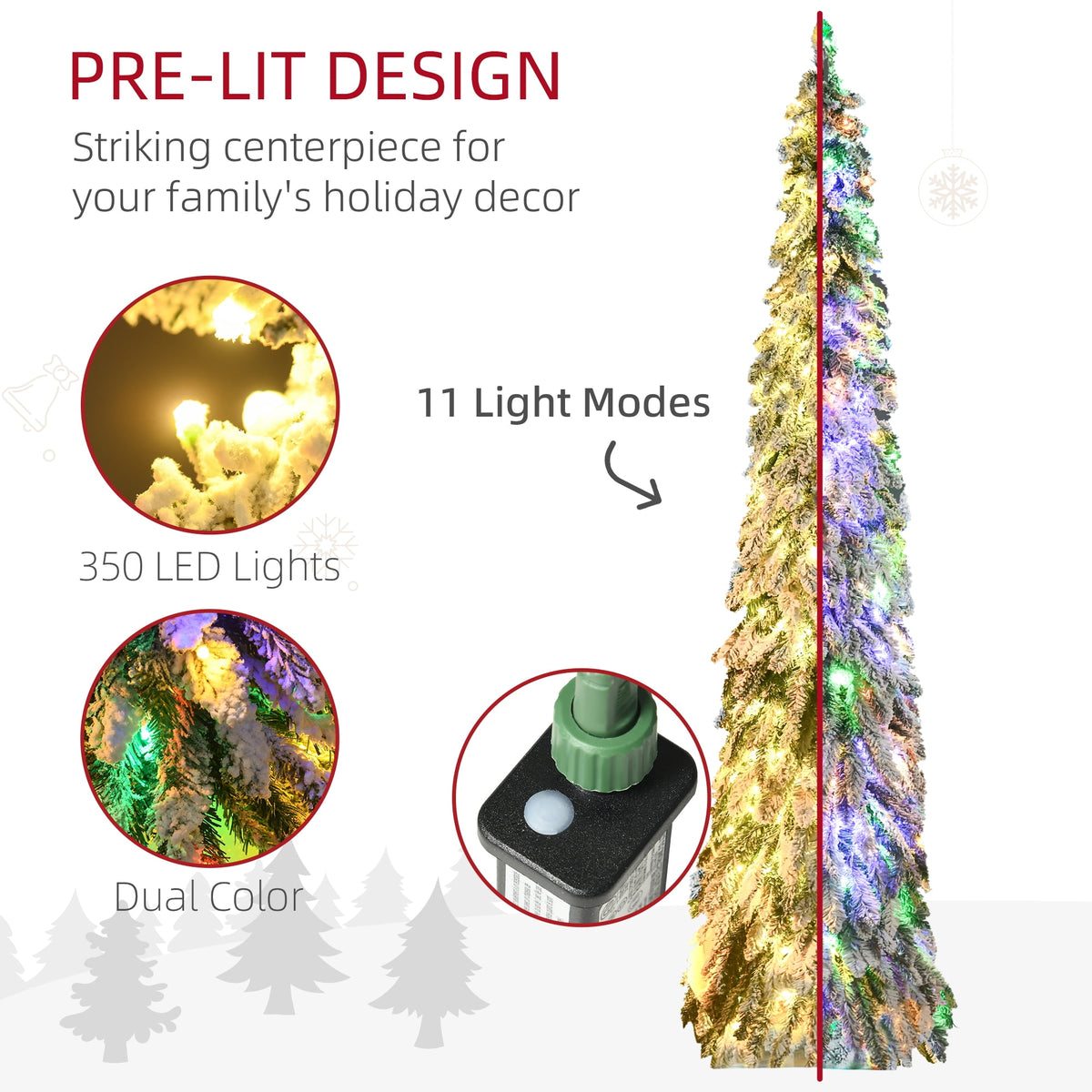 HOMCOM 4' Downswept Slim Snow Artificial Christmas Tree with LED Lights