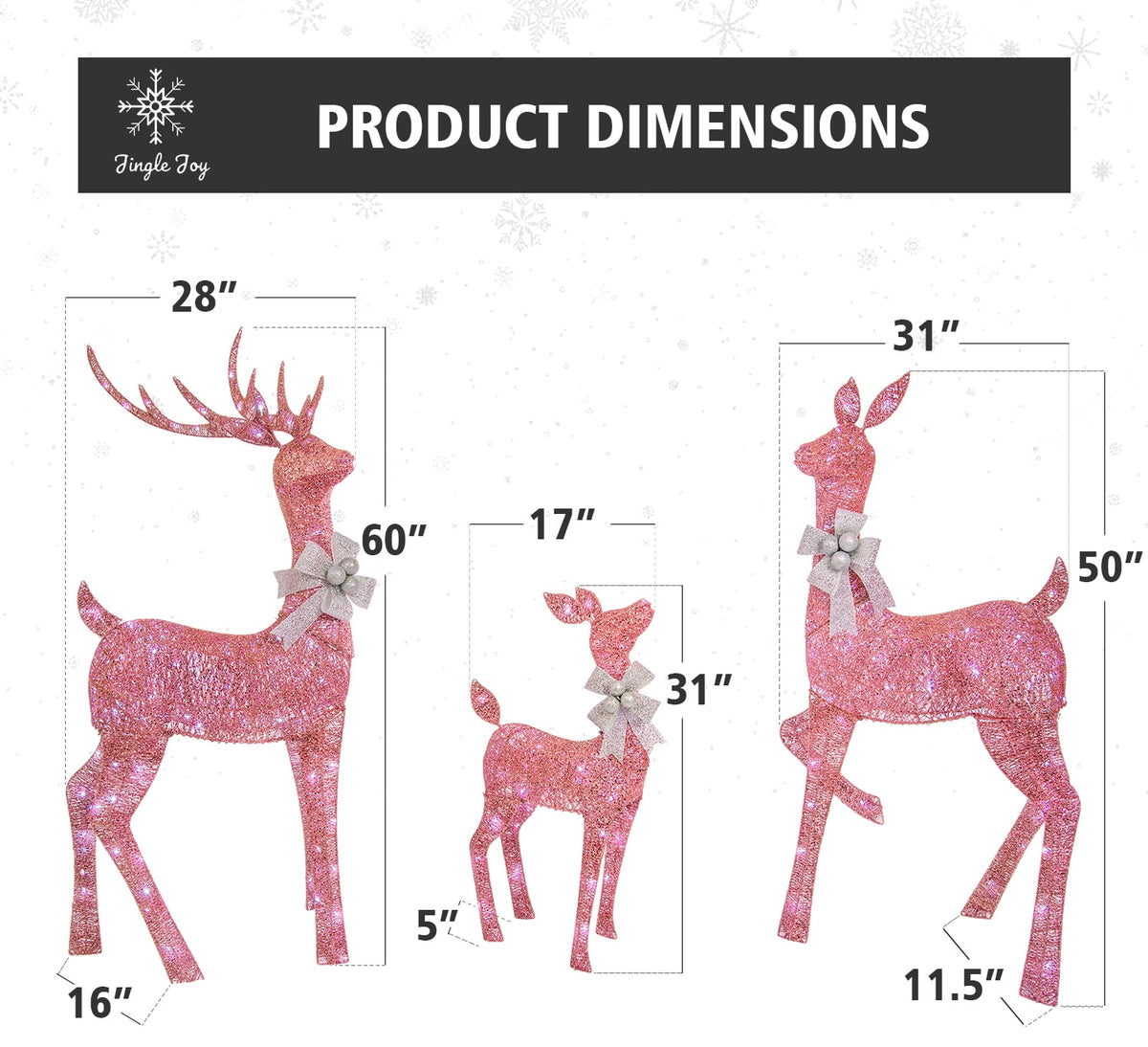 Jingle Joy 5FT Lighted Outdoor Christmas Deer Set – 3-Piece LED Reindeer Family with Twinkling Lights, Weather-Resistant Yard Decor with Stakes - Pink