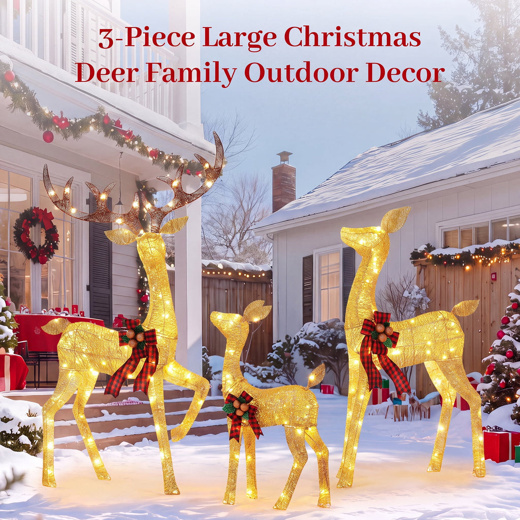 FOOWIN 3-Piece Large Christmas Deer Family, Lighted Outdoor Christmas Decoration, Champagne Gold