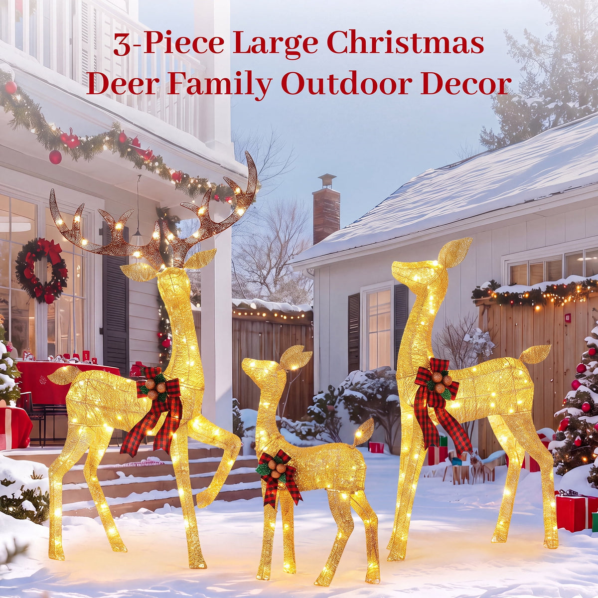 FOOWIN 3-Piece Large Christmas Deer Family, Lighted Outdoor Christmas Decoration, Champagne Gold