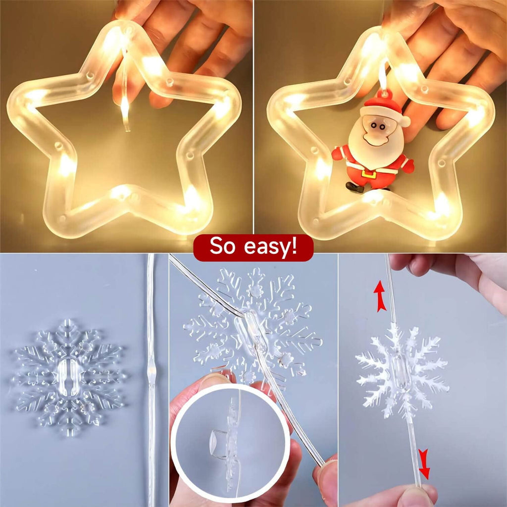 WILLED Christmas String Lights, 120 LED Window Curtain Lights with Christmas Ornaments, 9.8ft USB Powered Warm White Waterproof Fairy Lights Indoor Outdoor for Xmas Tree Patio Garden Party Home Decor