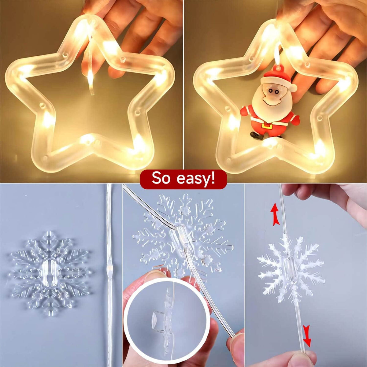 WILLED Christmas String Lights, 120 LED Window Curtain Lights with Christmas Ornaments, 9.8ft USB Powered Warm White Waterproof Fairy Lights Indoor Outdoor for Xmas Tree Patio Garden Party Home Decor