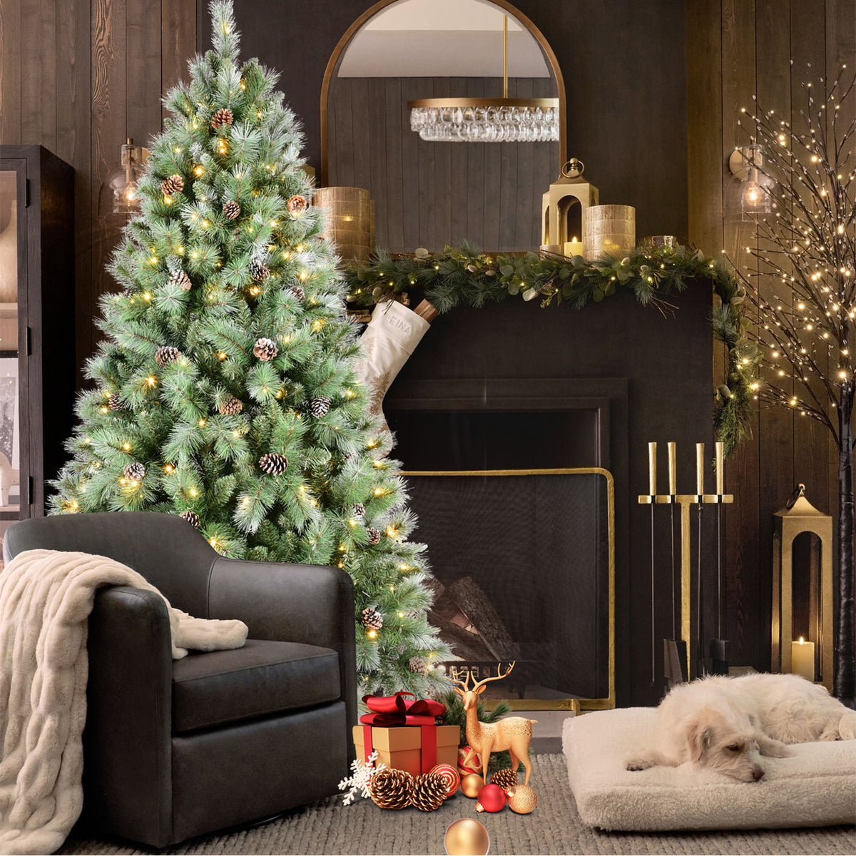 8FT PVC Artificial Christmas Tree White Needles Pine Cones Decor Premium Xmas Tree with 1858 Branch Tips Easy Assemble and Foldable Holiday Xmas Ornaments with Stand for Home Office Party Decoration