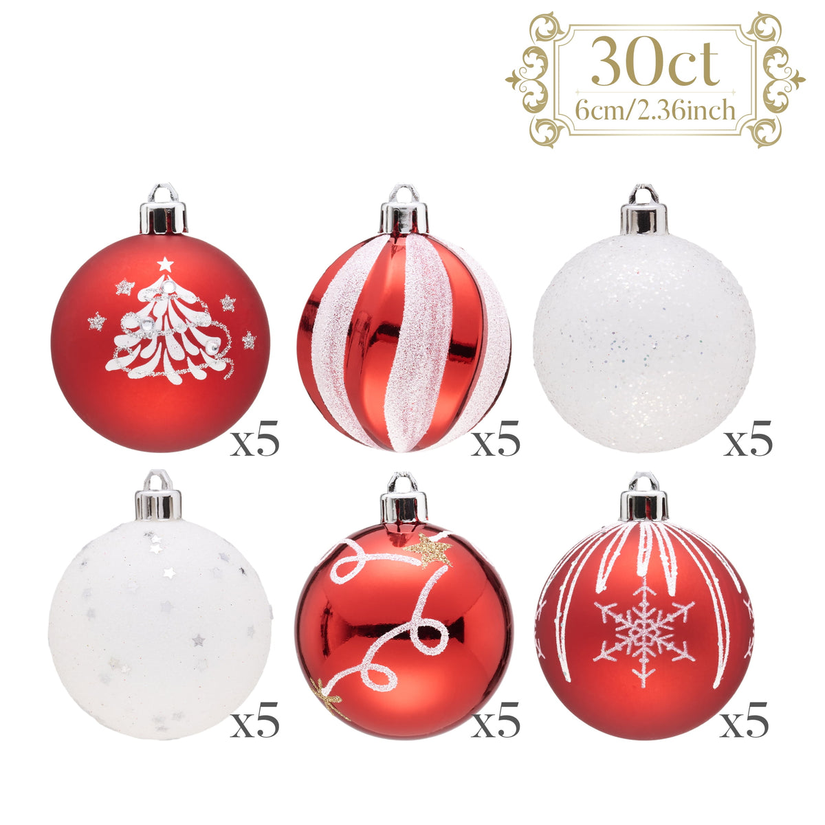 Valery Madelyn 24ct 2.36" Christmas Ball Ornaments, Red White Shatterproof Ornaments for Christmas Party Decor