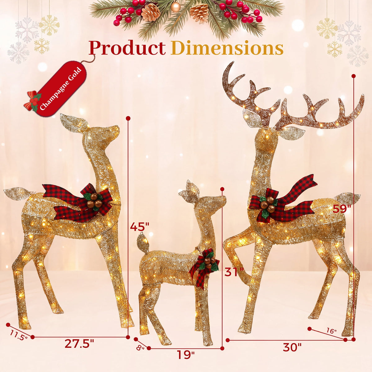 FOOWIN 3-Piece Large Christmas Deer Family, Lighted Outdoor Christmas Decoration, Champagne Gold