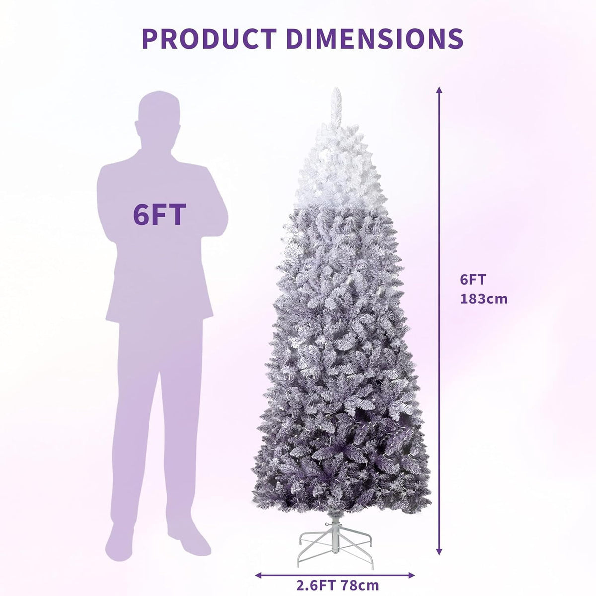 4.5/6/7.5/9 ft Flocked Pencil Christmas Tree with 100 Lights, Pre Lit Tall Skinny Christmas Tree with PVC Branch Tips, Premium Hinged Xmas Tree with Metal Base, Slim Artificial Christmas Tree