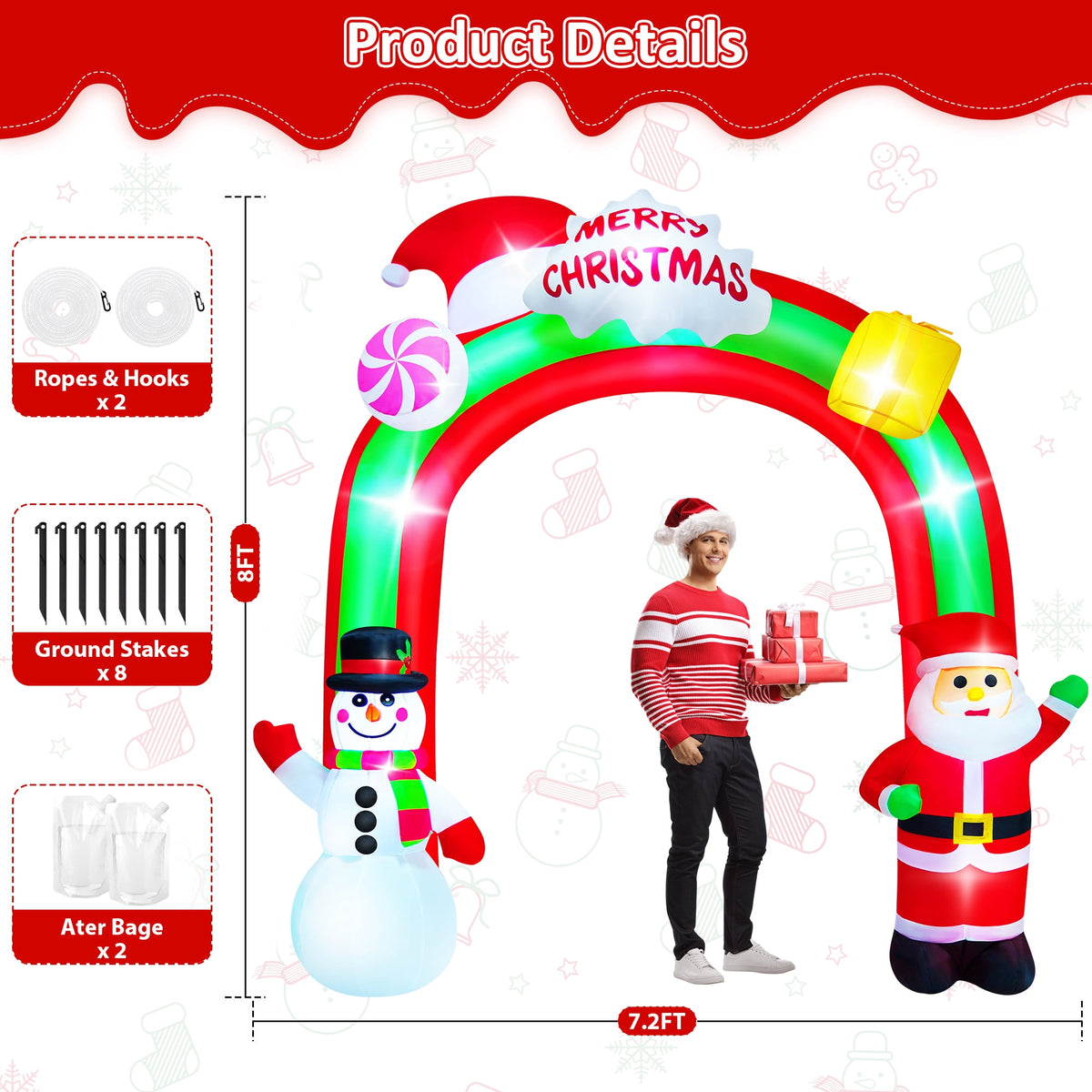 Yexmas 8FT Christmas Inflatable Archway,Christmas Blow Up Yard Decorations with Santa Claus and Snowman,Outdoor Christmas Decorations with Bow LED Lights