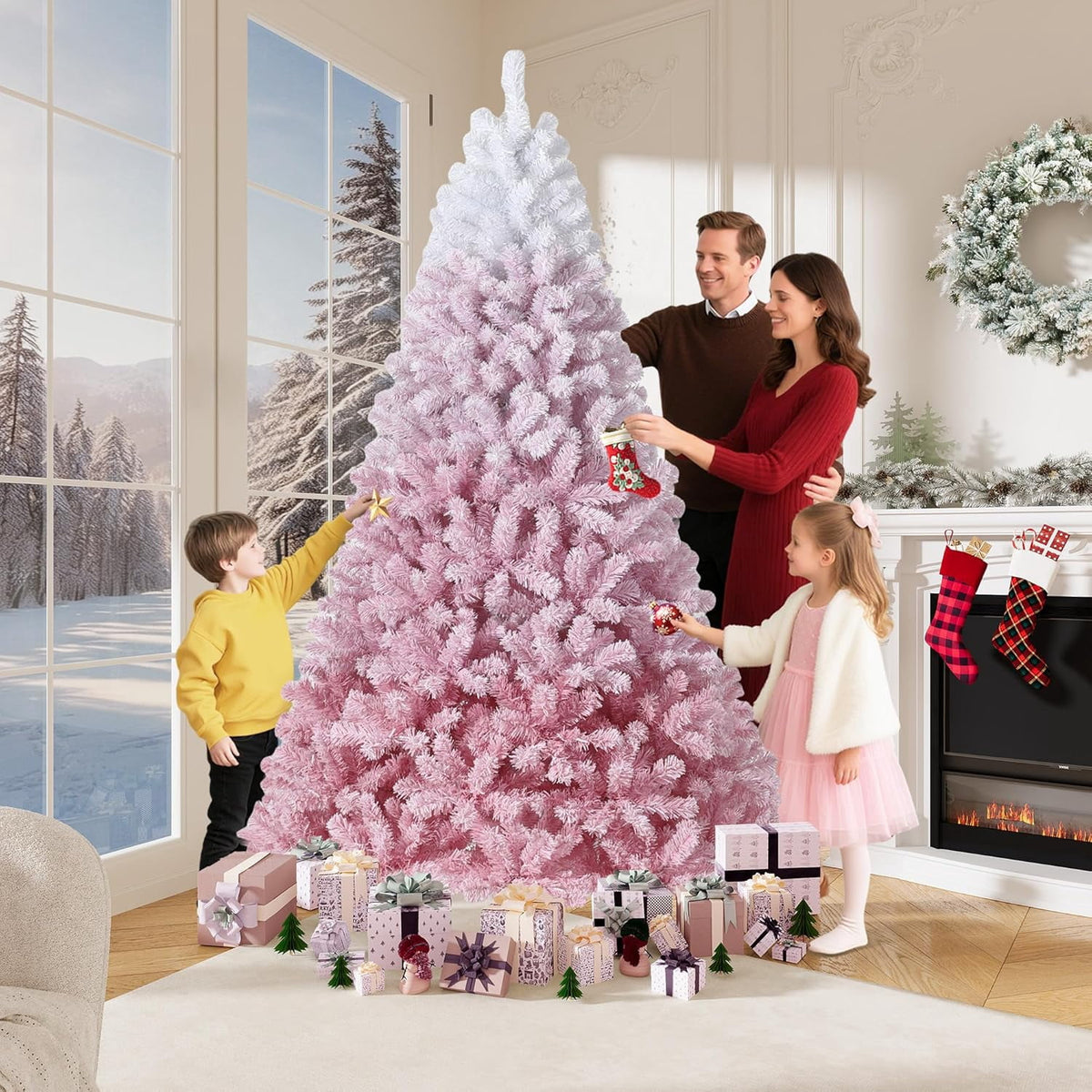 4.5/6/7.5/9 ft Flocked Pencil Christmas Tree with 100 Lights, Pre Lit Tall Skinny Christmas Tree with PVC Branch Tips, Premium Hinged Xmas Tree with Metal Base, Slim Artificial Christmas Tree
