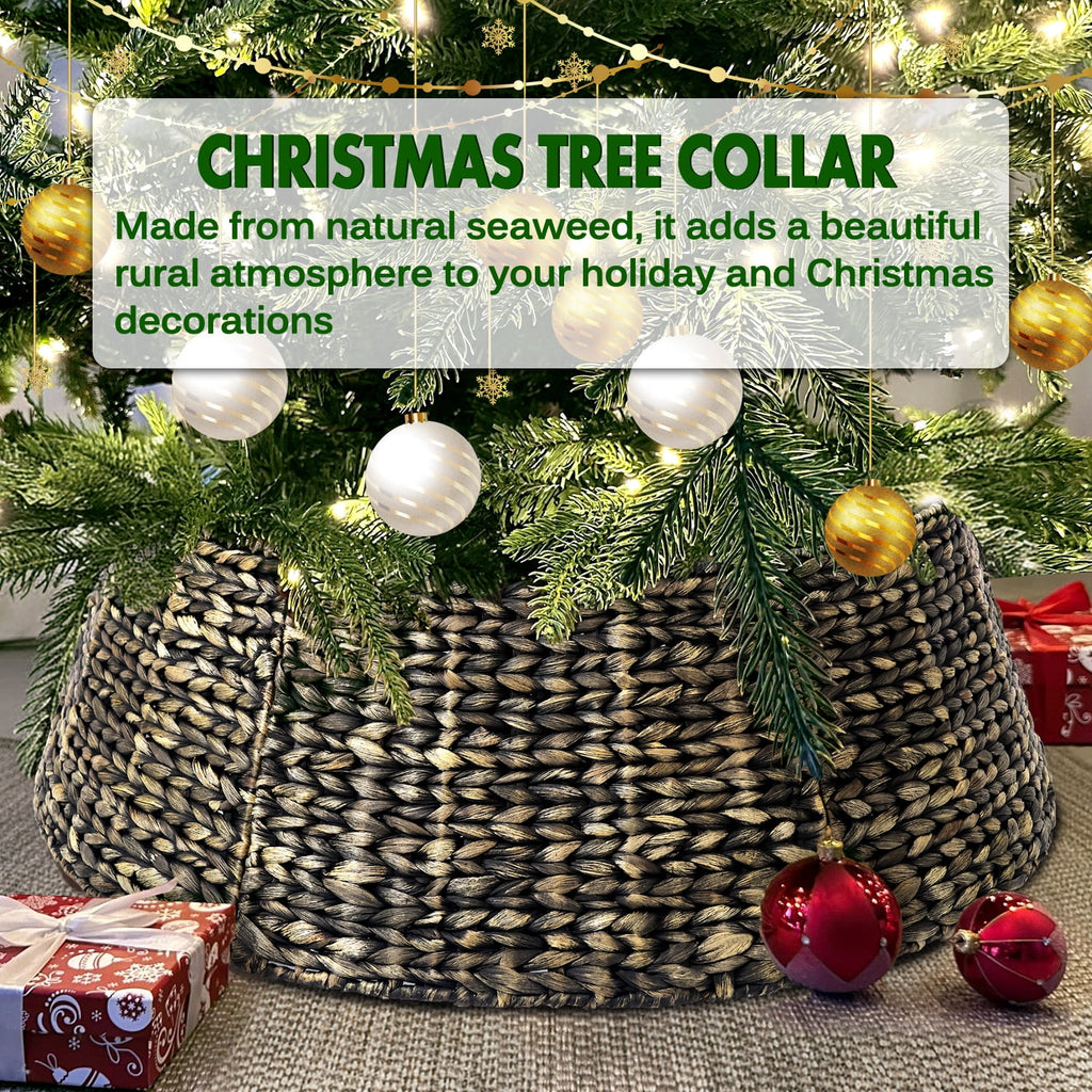 Ayieyill 26in Woven Hyacinth Christmas Tree Collar, Christmas Tree Decorations, Tree Skirt Accessory w/ Cord Cut-Out | Natural