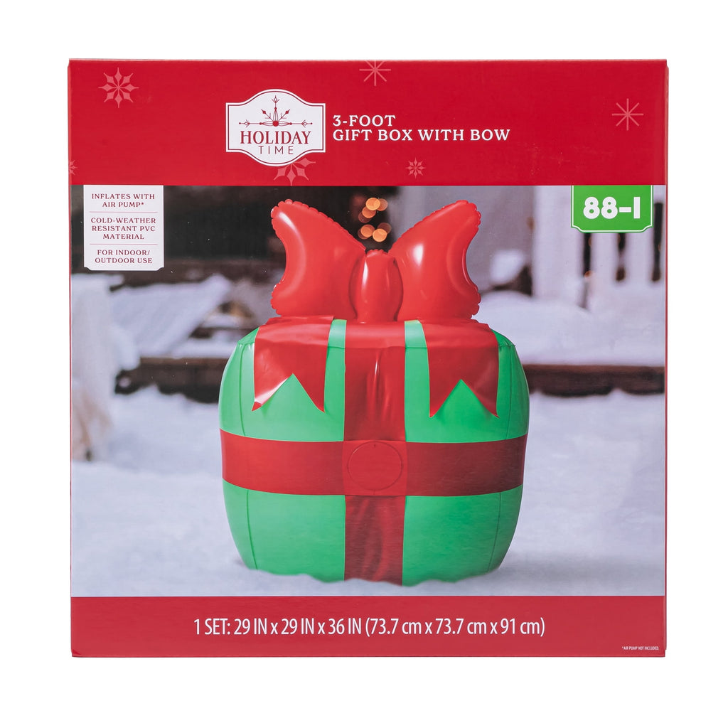 Red and Green Blow-Up Gift Box with Bow Christmas Yard Inflatable, 3', by Holiday Time