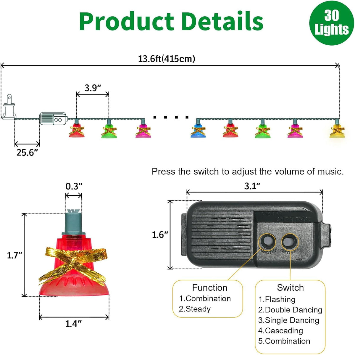 30 Lights Christmas Musical Bell String Lights, 25 Classical Holiday Songs, 7 Functions Multicolor Incandescent Bulb Green Wire Light with Multicolor Bells for Indoor Xmas Tree Decorations