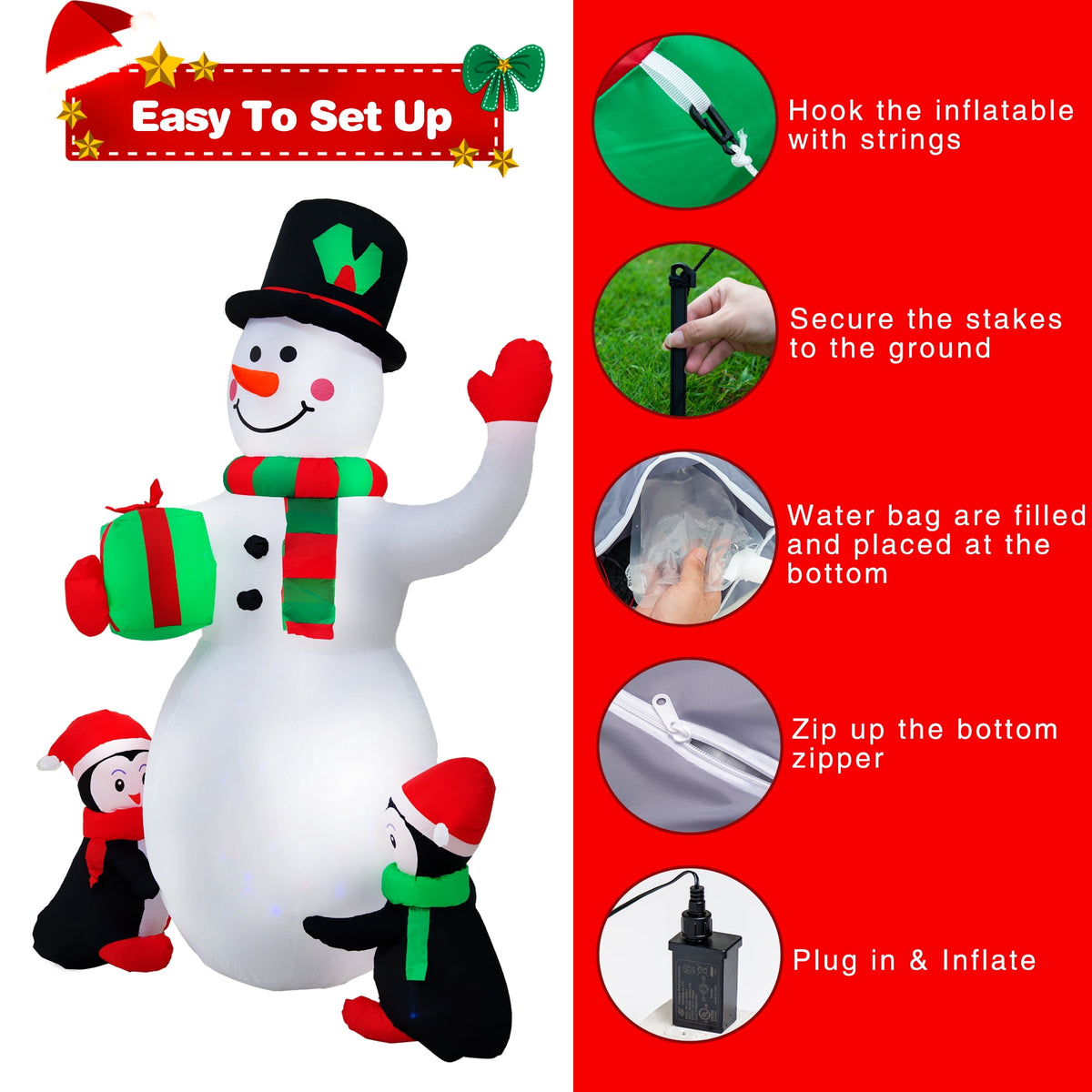 Yexmas 6.3 FT Christmas Inflatable Snowman with Penguins and Gift Box, Rotating LED Lights, Outdoor Christmas Blow Up Yard Decoration