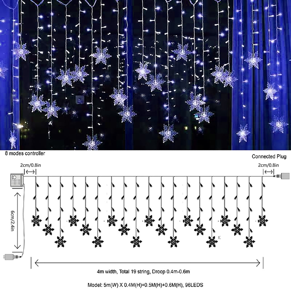 LED Curtain Lights,13ft/4M 96 LED Snowflake Curtain String Lights Plug-in Memory Window Curtain Lights with 8 Modes Decoration for Christmas, Wedding, Party,Wall, Home Decorations